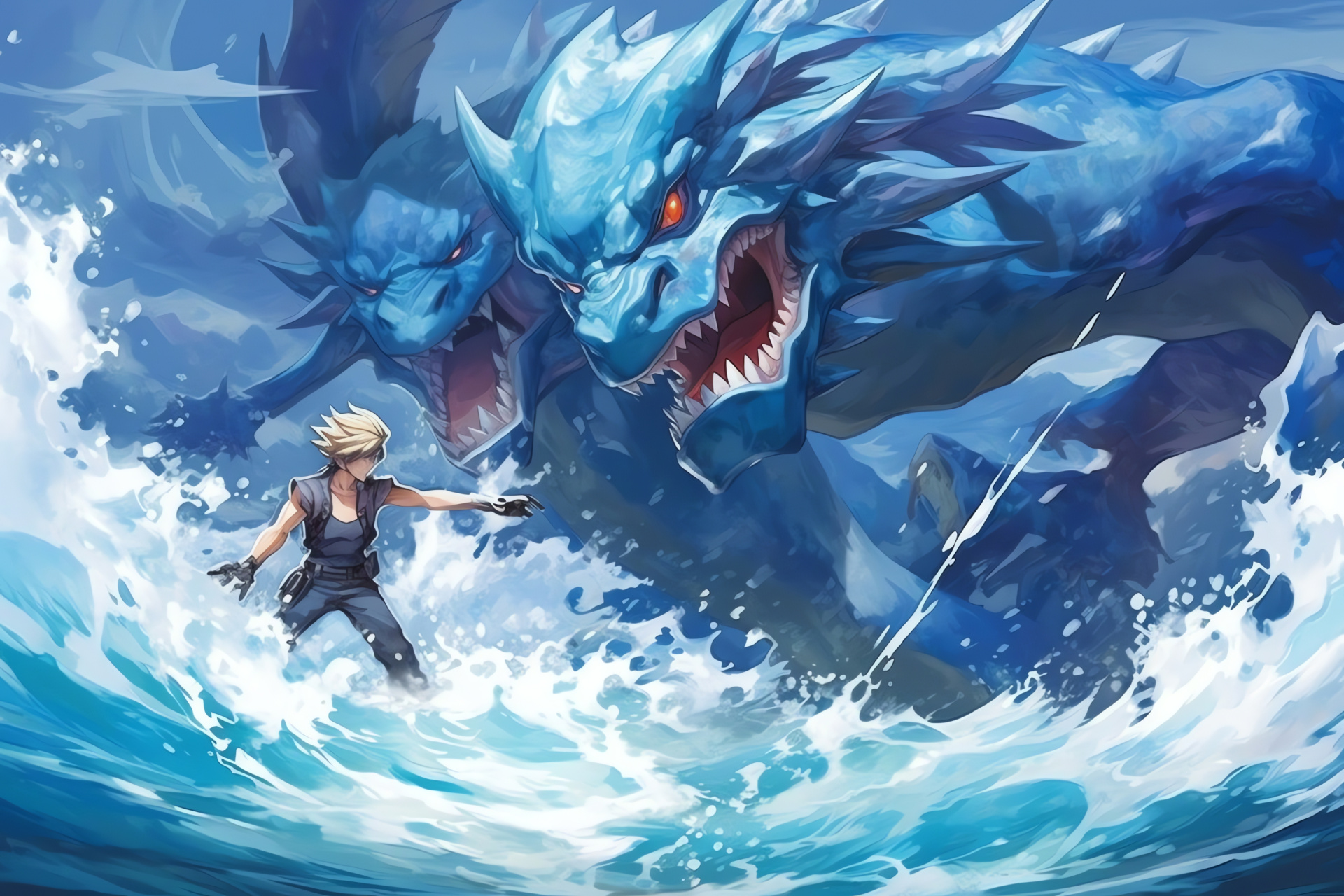 Pokemon White adventure, Rival Gary, Oceanic Gyarados emergence, Water-type attack, Shimmering aqua scales, HD Desktop Image