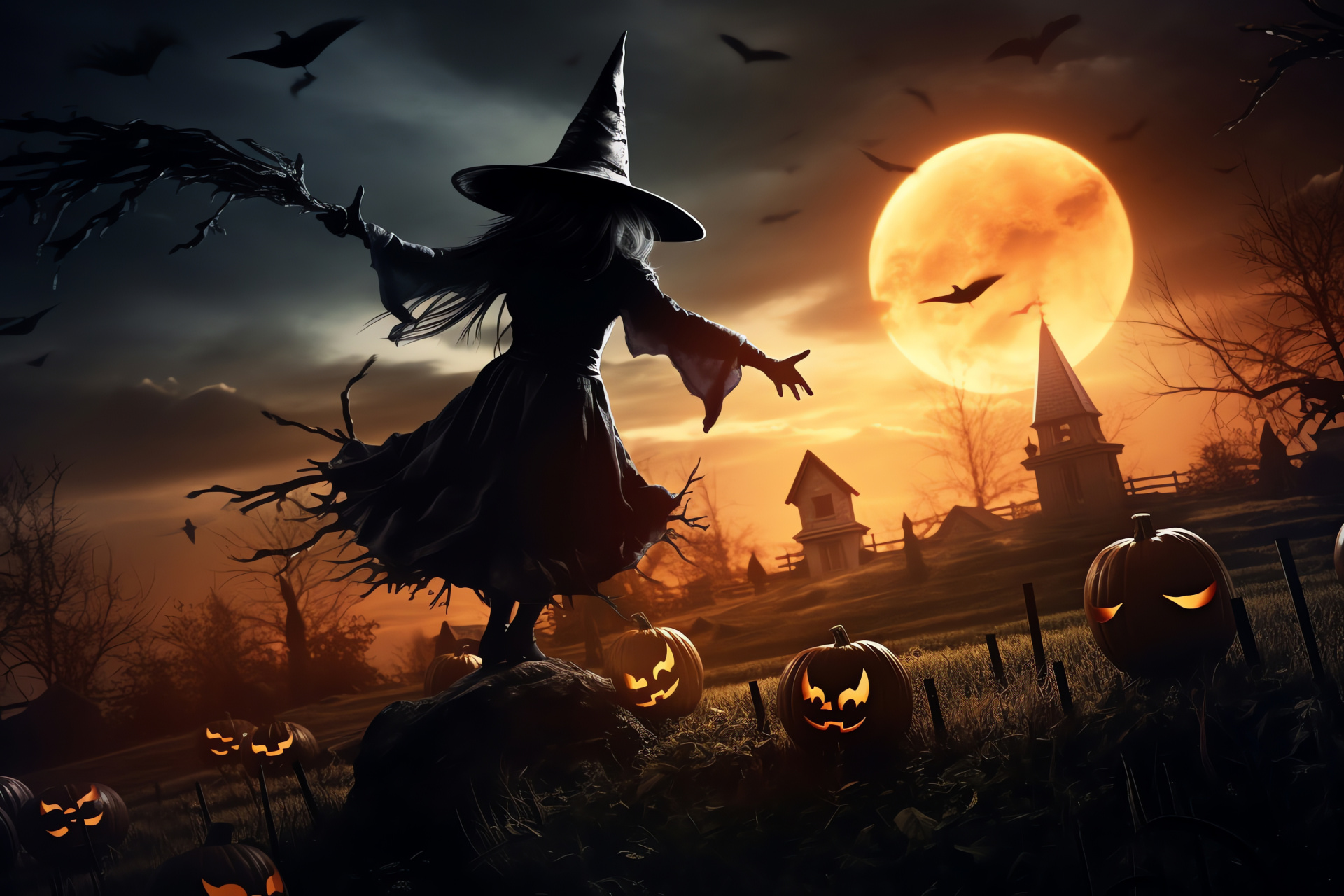 Witch silhouette, enchanting broom flight, harvest moon backdrop, spooky pumpkin illumination, Halloween night, HD Desktop Wallpaper