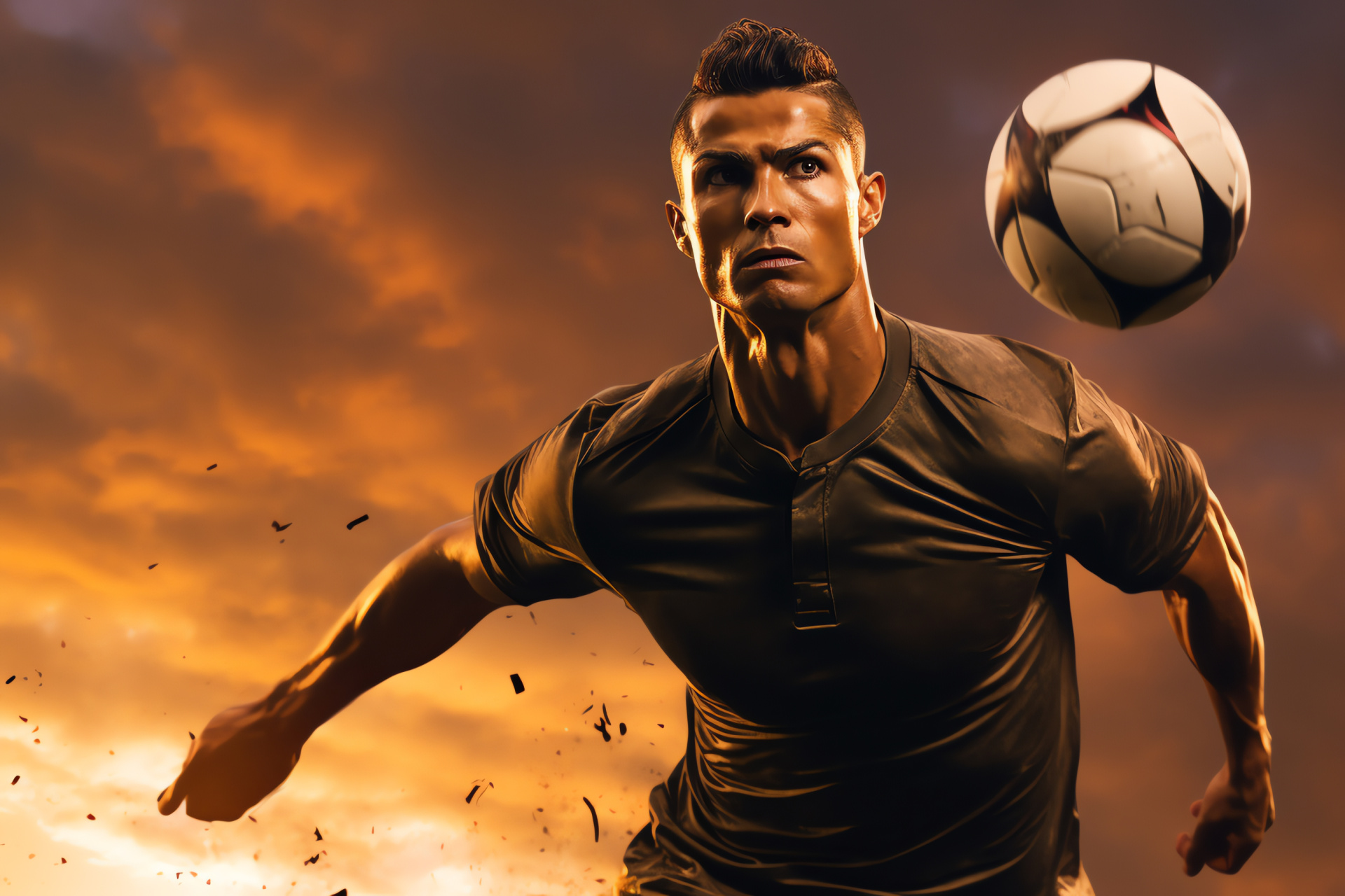 Cristiano Ronaldo mid-air, Football pitch, Sports agility, Sunset match, Goal pursuit, HD Desktop Wallpaper