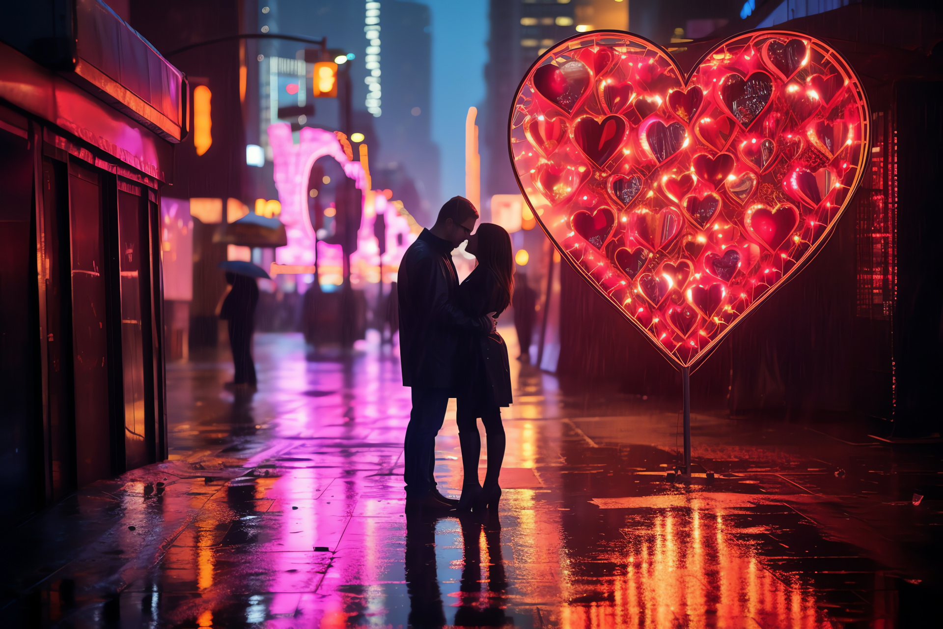 Urban romance sign, Metropolis scene, Illuminated display, Wet streets, Valentine vibes, HD Desktop Image