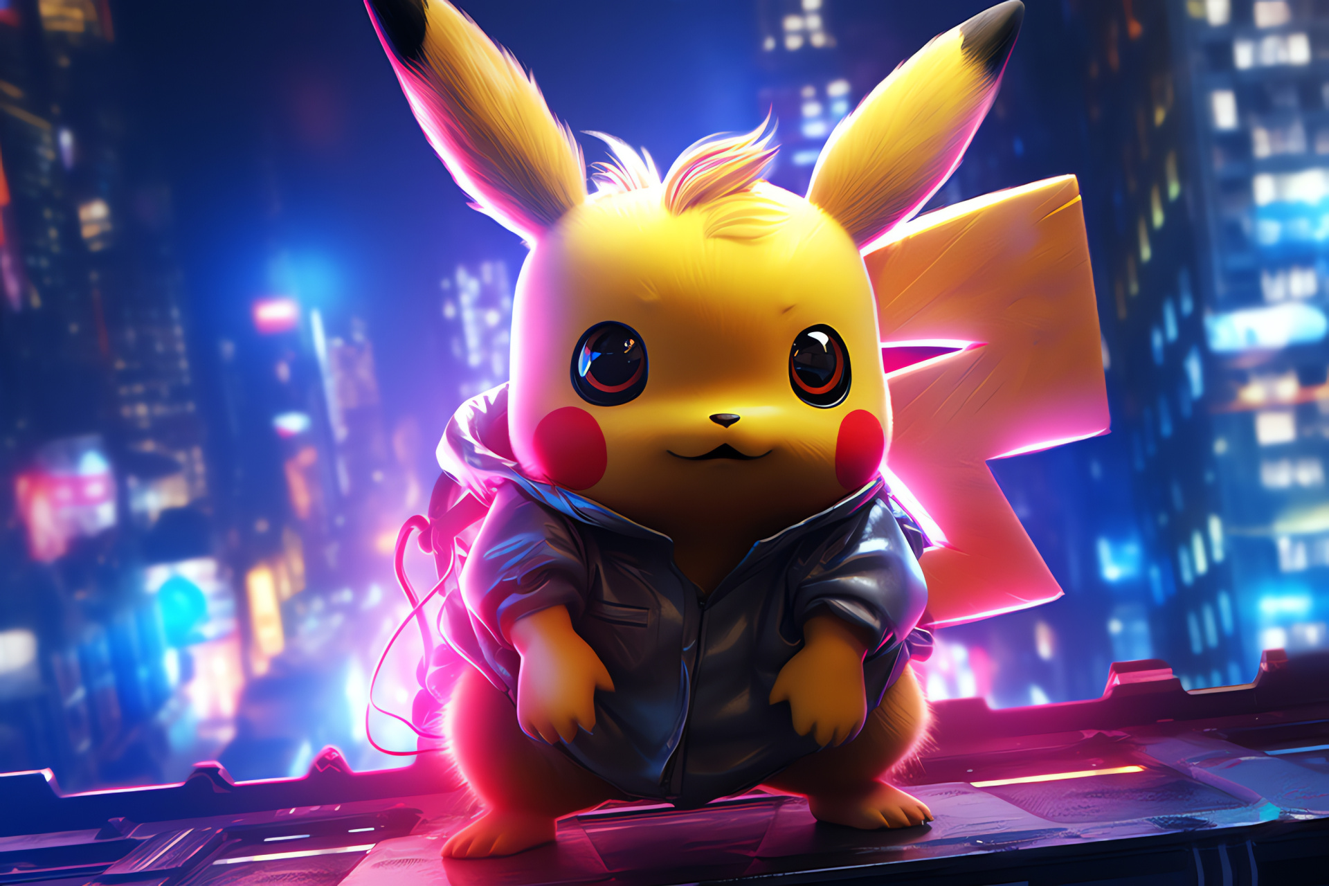 Pikachu, Dystopian metropolis, Fluorescent streets, Advertising holography, Futuristic urban vibe, HD Desktop Wallpaper