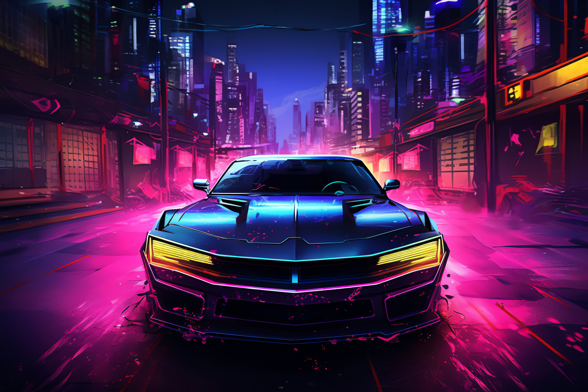 Futuristic auto, cityscape, illuminated signage, urban nightlife, luminescent ambiance, HD Desktop Wallpaper