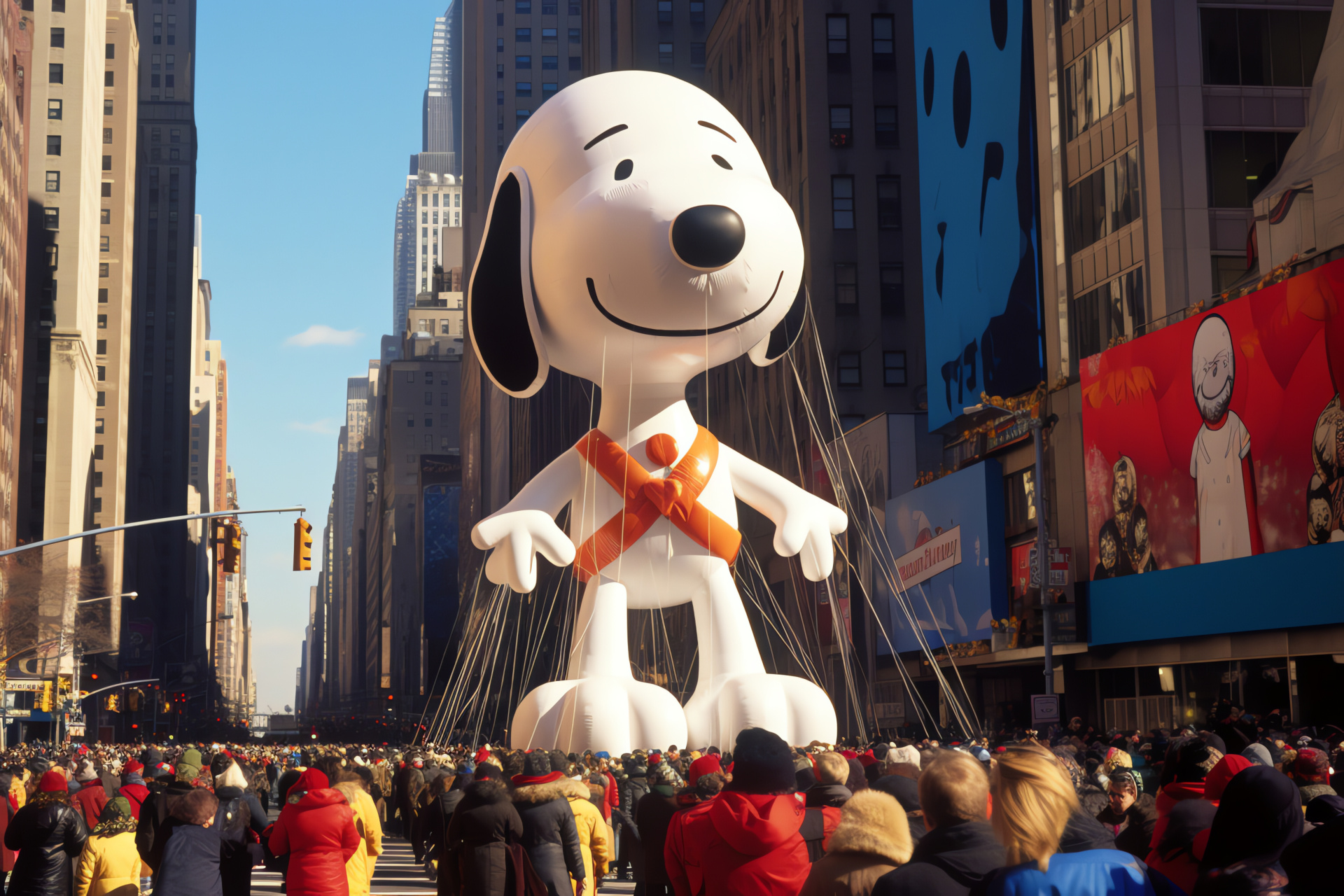 Snoopy float spectacle, Woodstock alongside, November holiday parade, New York City tradition, Float representation, HD Desktop Image