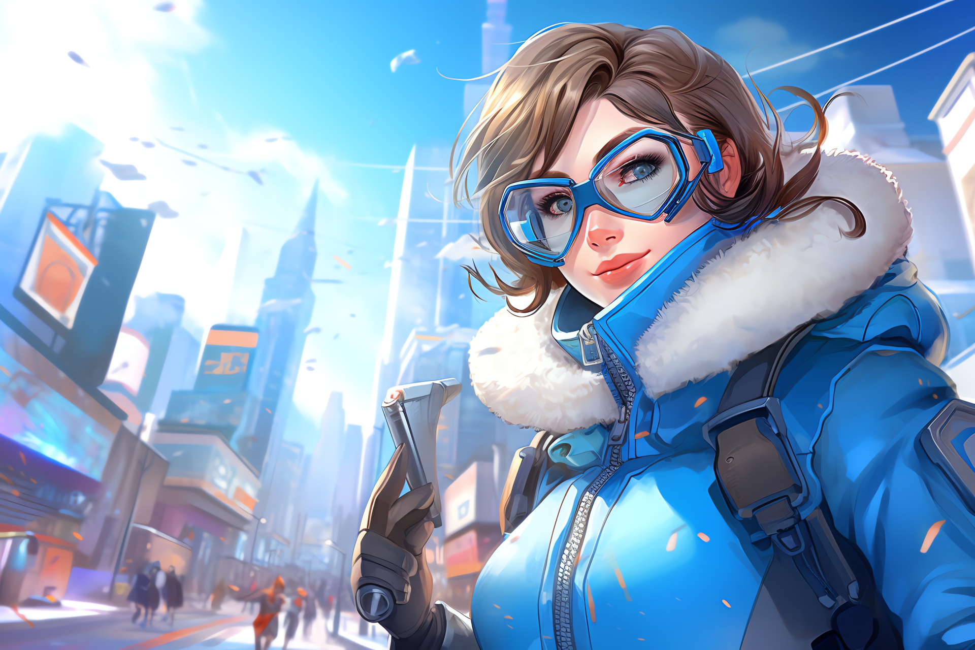 Overwatch's Oasis map, Mei in Ice Block, High-tech city environment, Concept of flying transport, Game-level design, HD Desktop Wallpaper