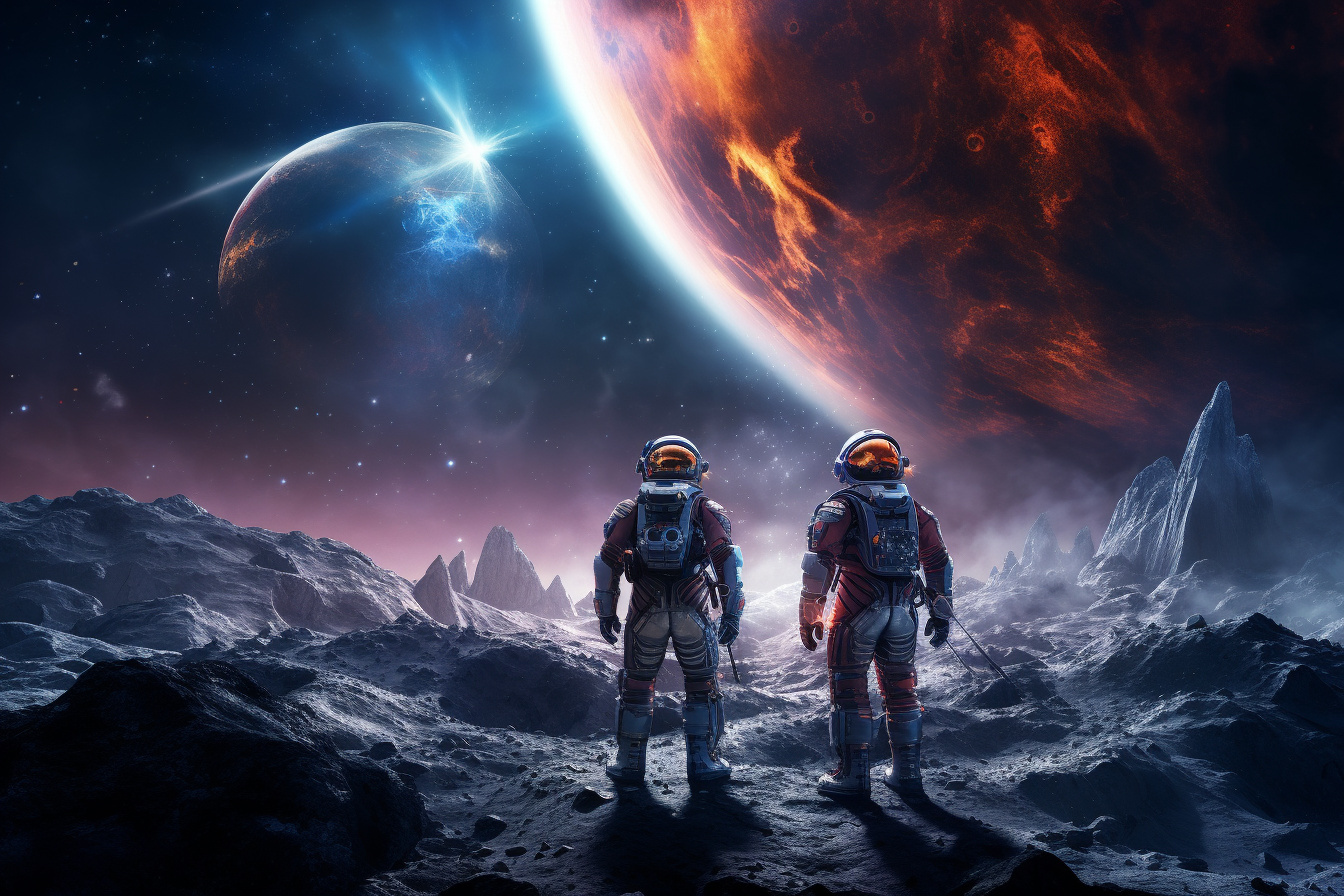 Scifi genre, Outer space adventure, Astronauts in orbit, High-tech gear, Extraterrestrial landscape, HD Desktop Wallpaper