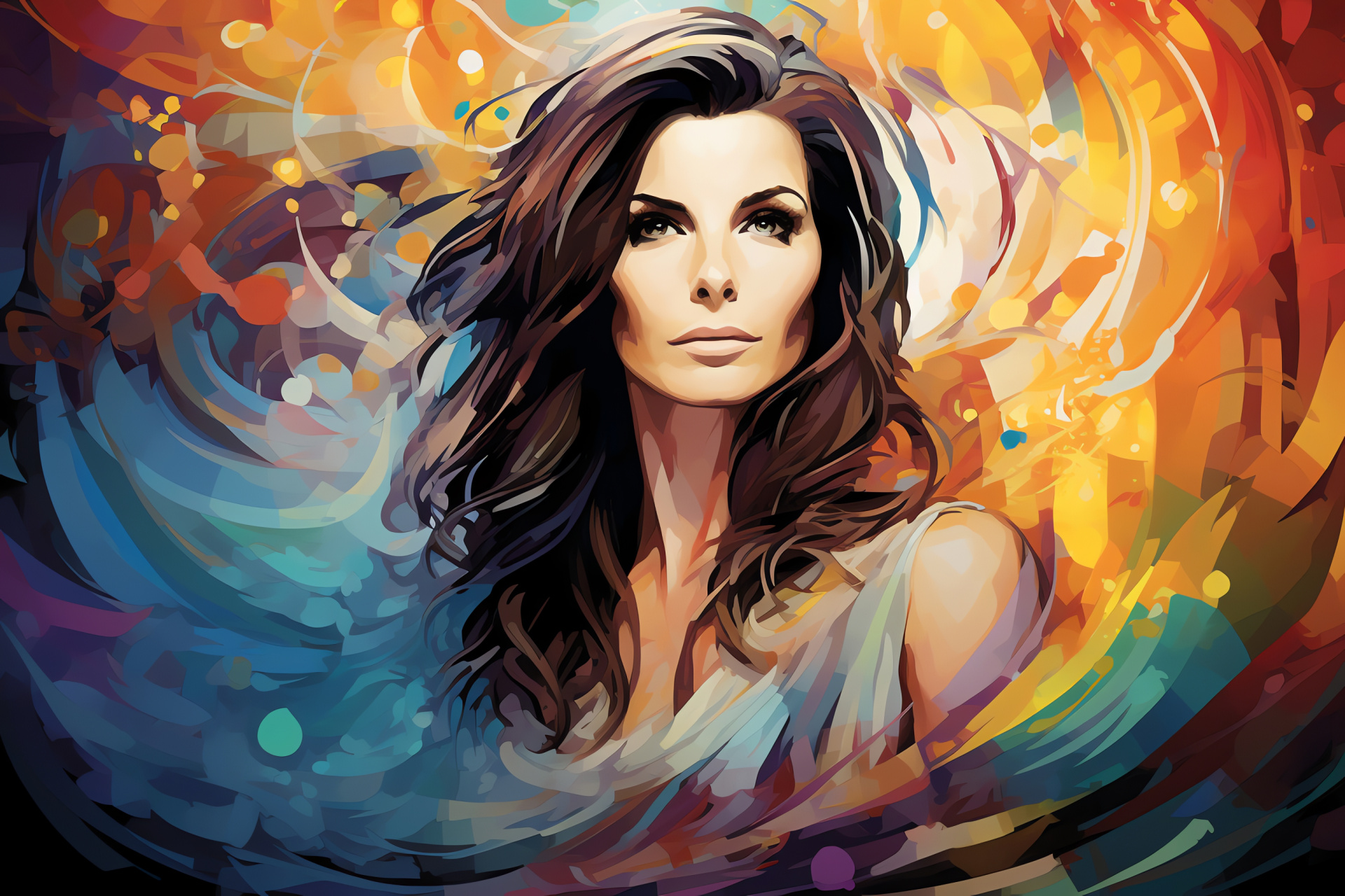 Sandra Bullock, Actress, Dynamic backdrop, Expressive features, Hollywood star, HD Desktop Image