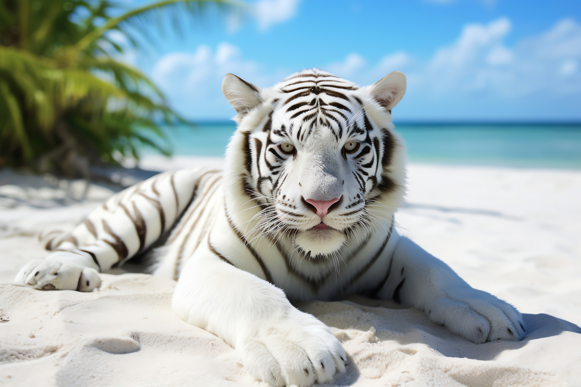 White Bengal Tiger, feline creature, sandy shores, exotic flora, island refuge, HD Desktop Wallpaper