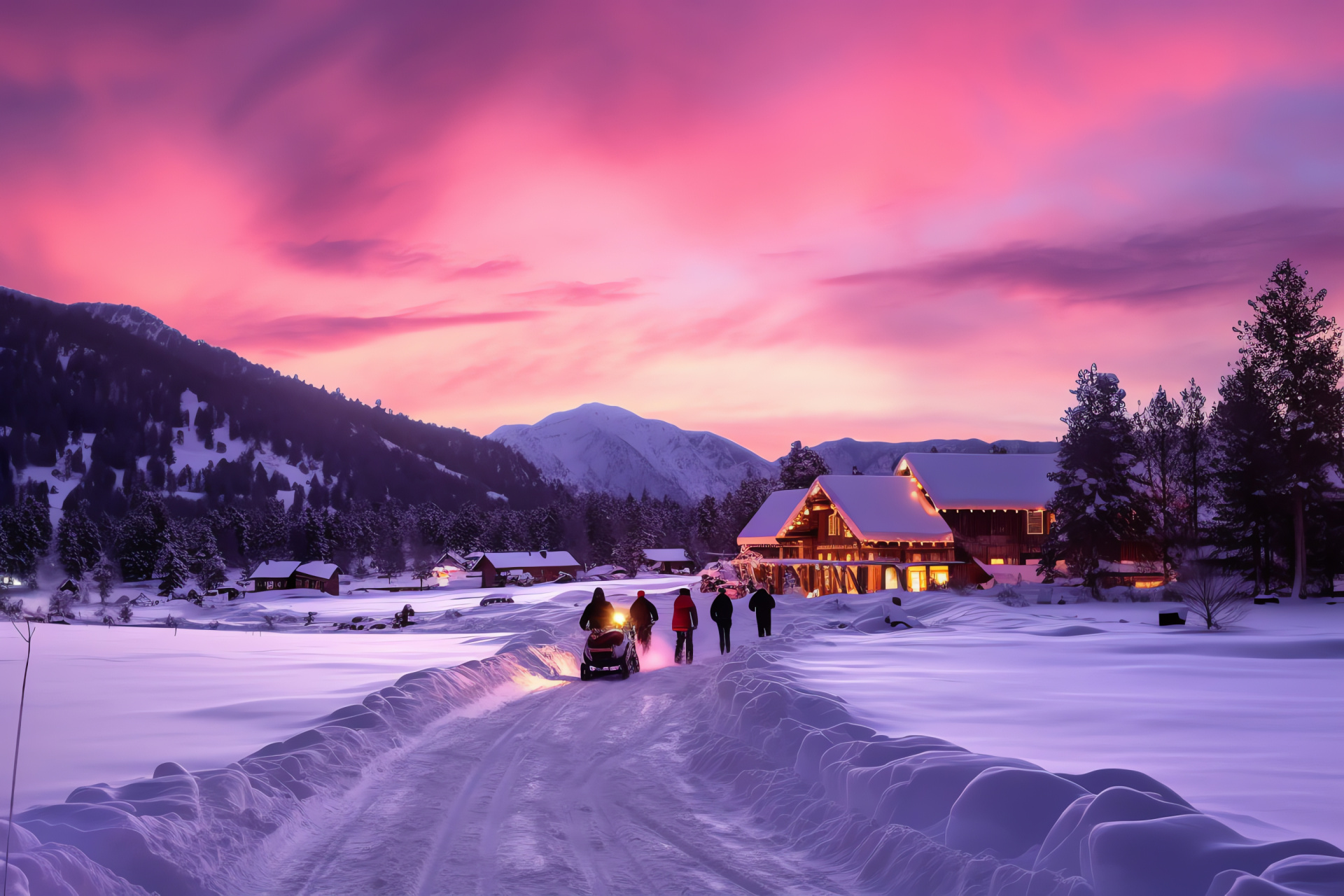 Seasonal wonderland, alpine snowscape, twilight mountain glow, exhilarating sled trails, crisp winter adventure, HD Desktop Wallpaper