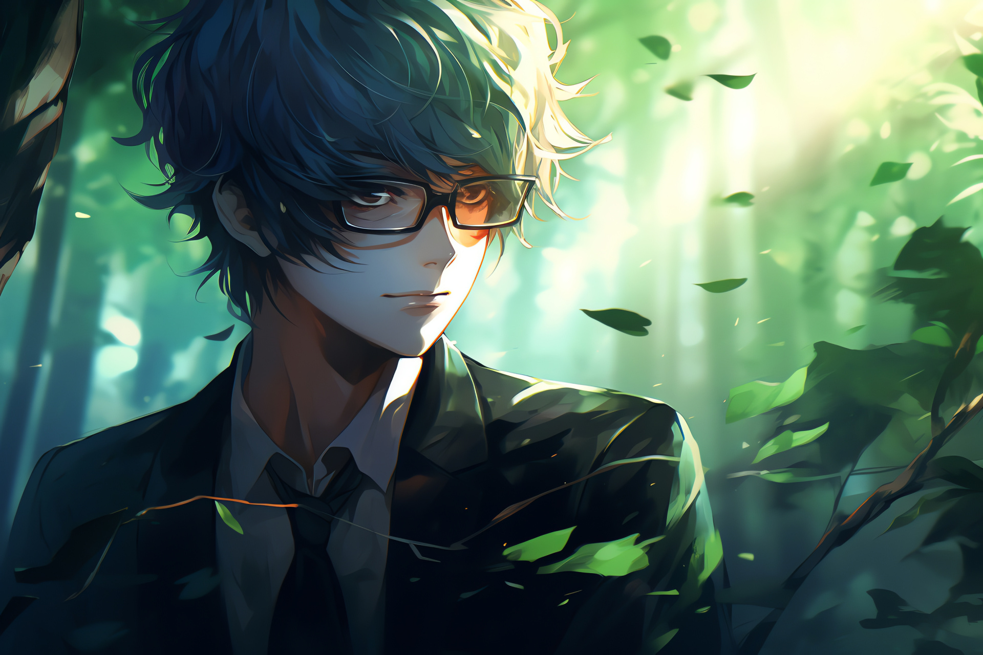 Mystic Messenger scene, Forbidding in-game woods, Mysterious figure Unknown, Shadowy presence, Green spectral illumination, HD Desktop Wallpaper