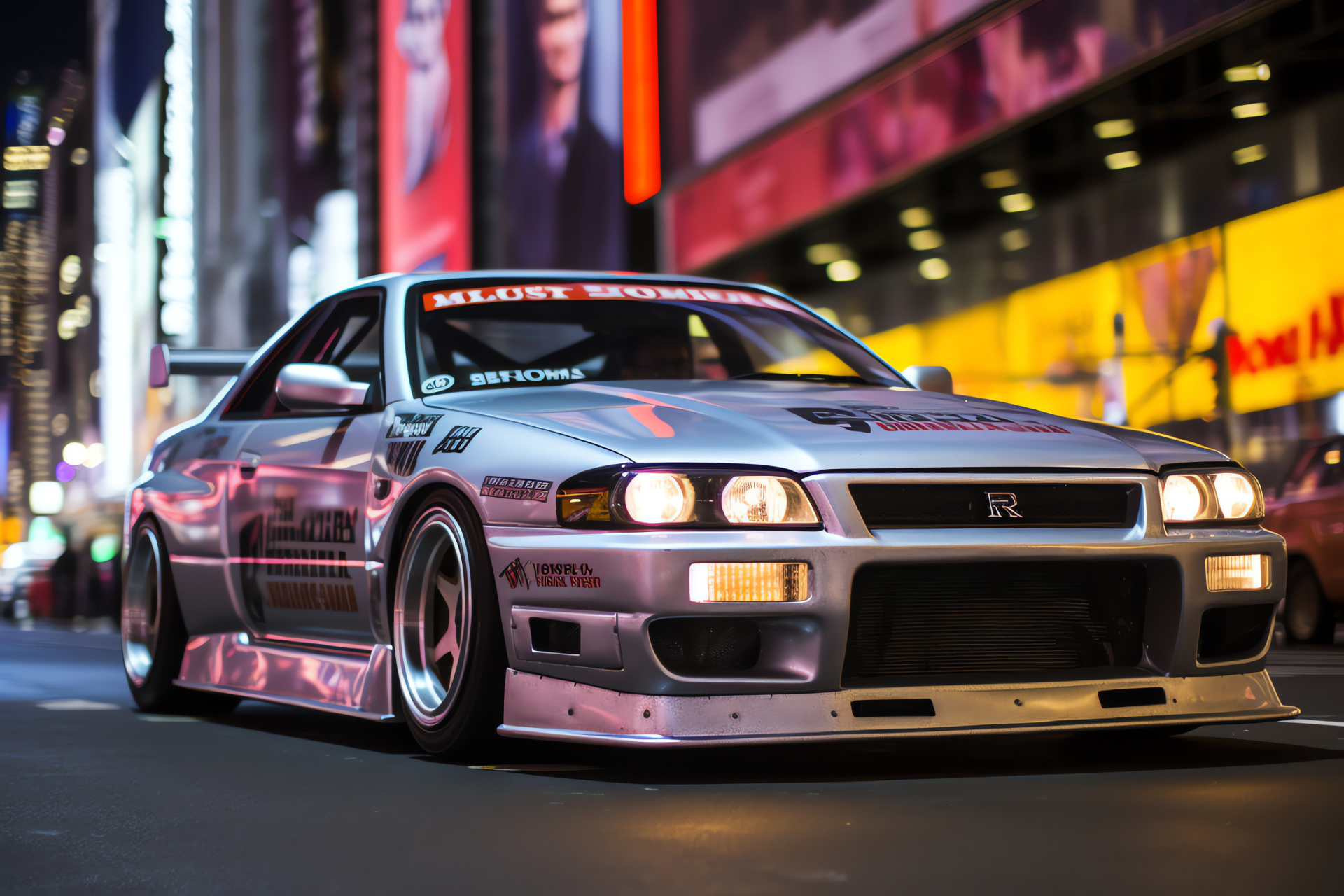 Nissan Skyline GTR R32 Nismo NYC, American metropolis drive, Silver-tone finish, Times Square lights, Urban performance, HD Desktop Image