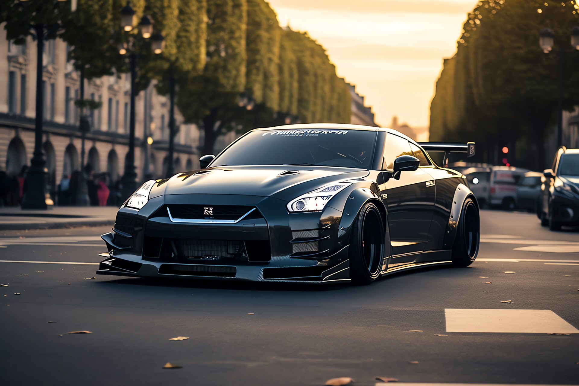 Nissan GTR Liberty Walk, Paris Champs-Elyses, Renowned French landmarks, Architectural elegance, Performance car beauty, HD Desktop Image