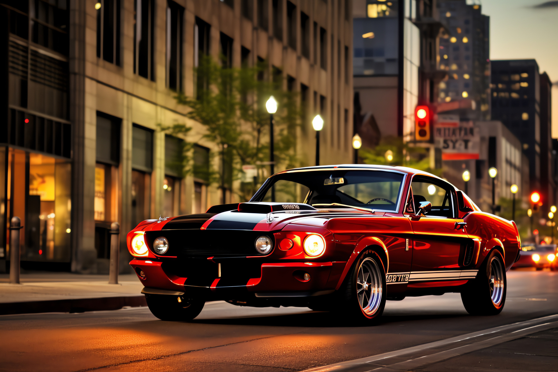 Shelby Mustang, GT350 model, Woodward Avenue cruising, Detroit cityscape, Motor City, HD Desktop Wallpaper