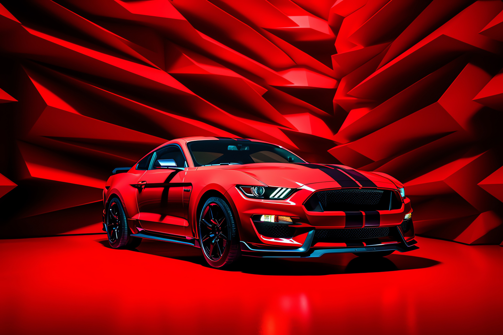 Mustang GT350, Red backdrop, Broad perspective, Vivid hue, Classic style, HD Desktop Wallpaper