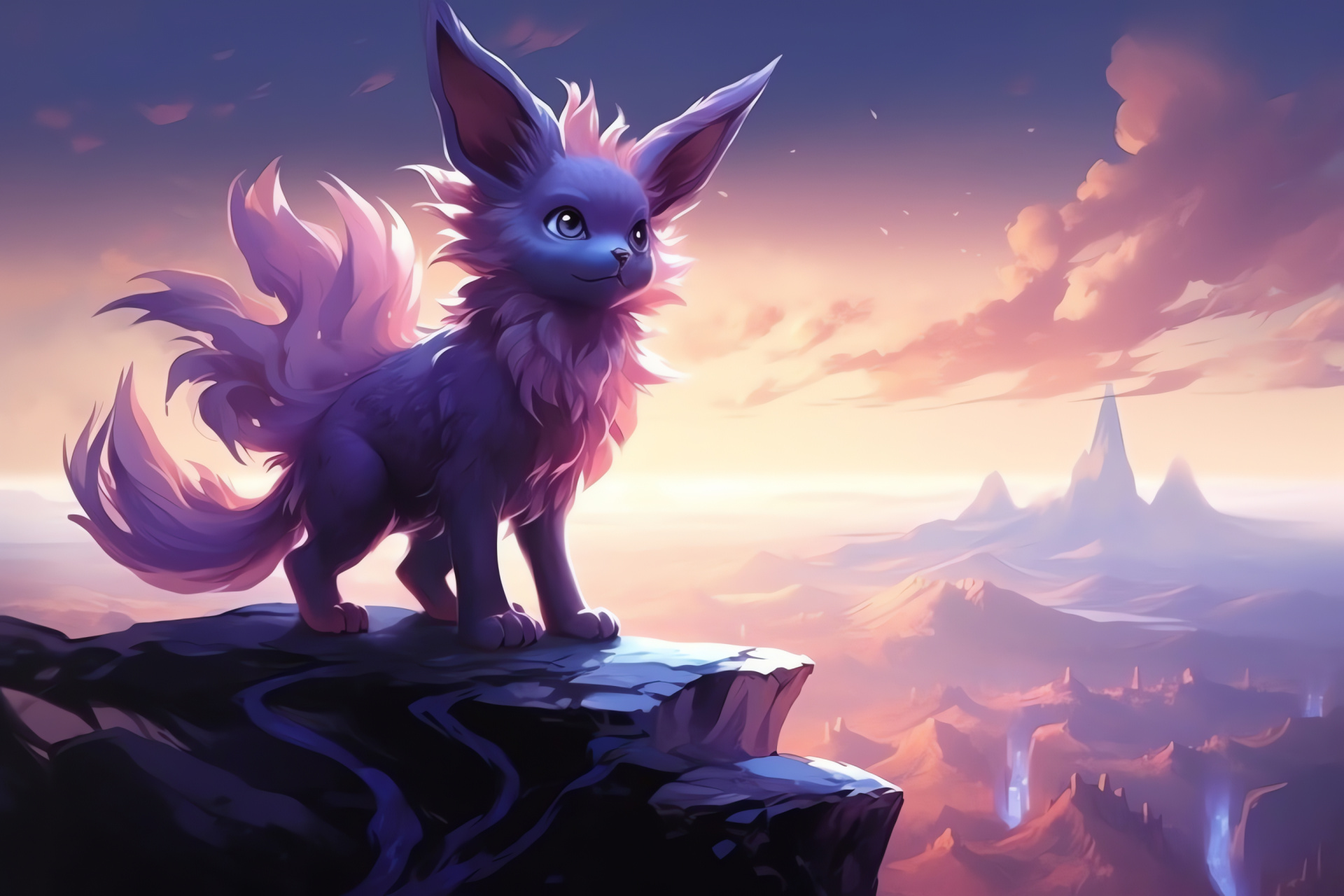 Mysterious Espeon, twilight animation, psychic entity, dusky sky representation, aubergine tint fur, HD Desktop Wallpaper