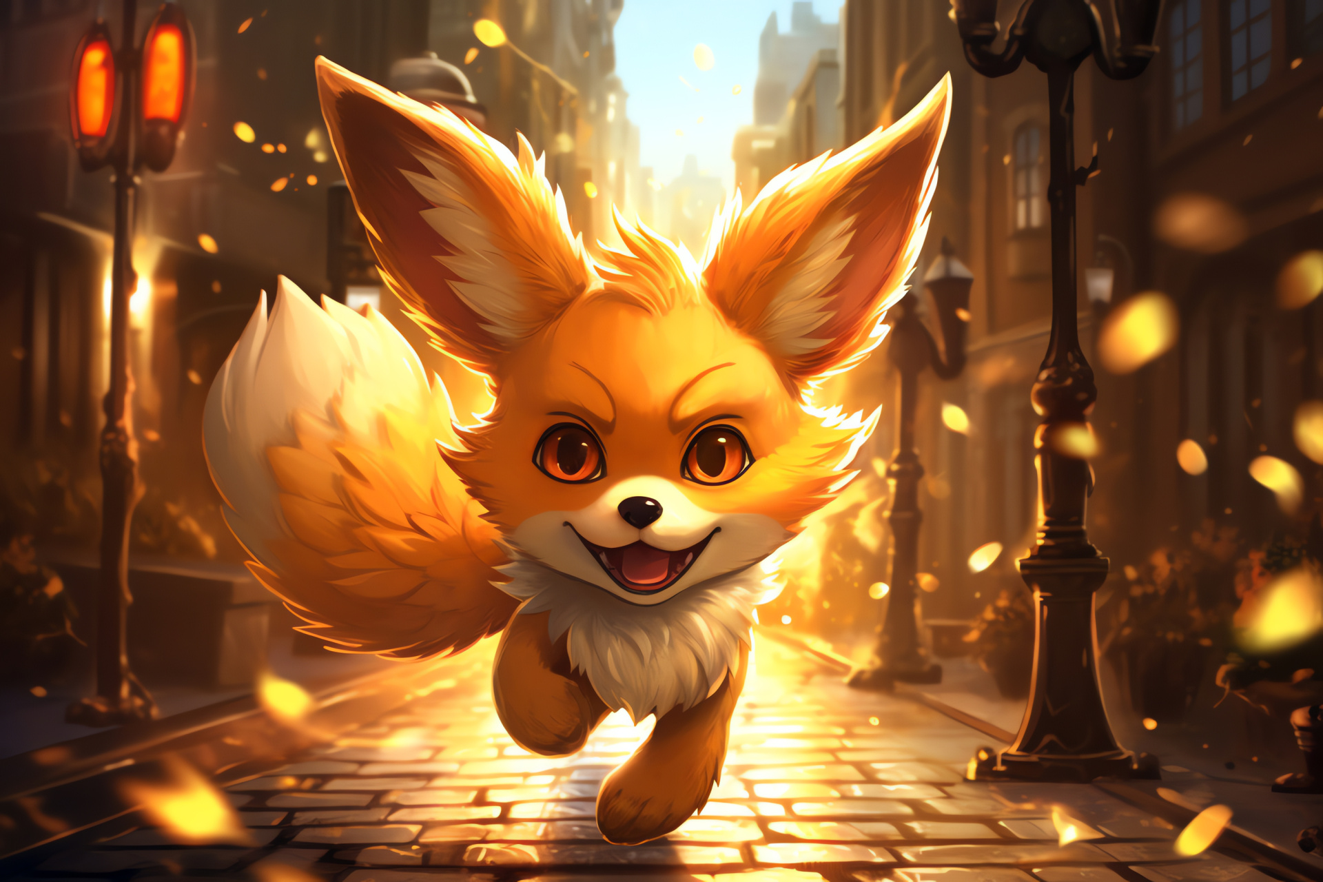 Pokemon Fennekin, Urban landscape, Busy avenues, Fire-tinted pelt, Fiery creature, HD Desktop Wallpaper