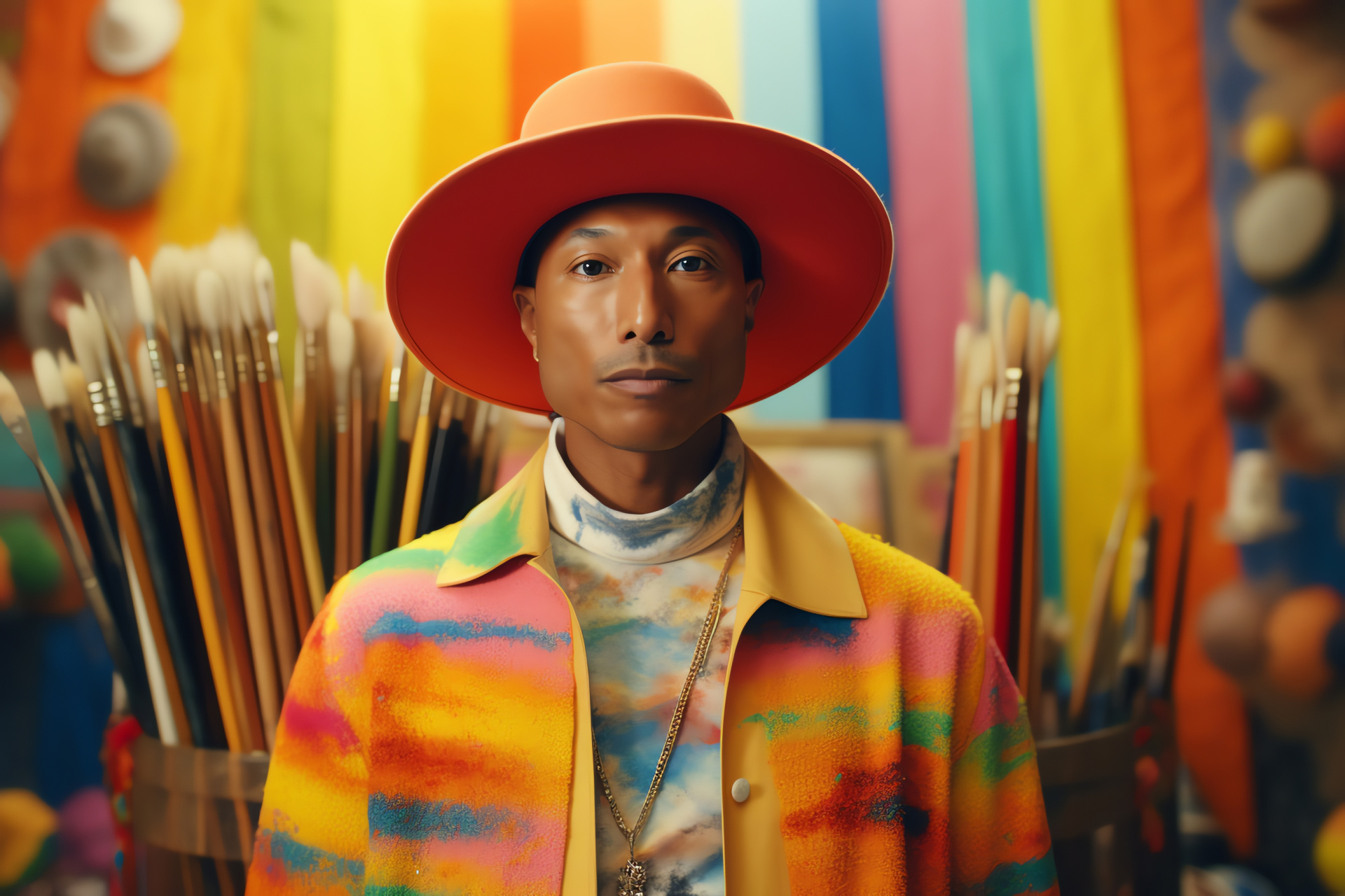 Pharrell Williams, Renowned songwriter, Stage makeup, Fashionable musician, Artistic creation, HD Desktop Wallpaper