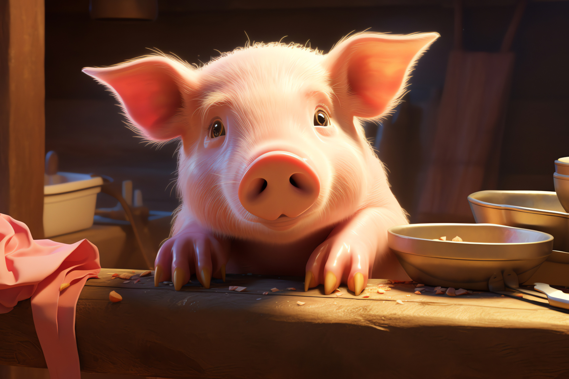 Swine features, chocolate-eyed, soft-pink bristles, random pigmentation, gentle creature, HD Desktop Wallpaper