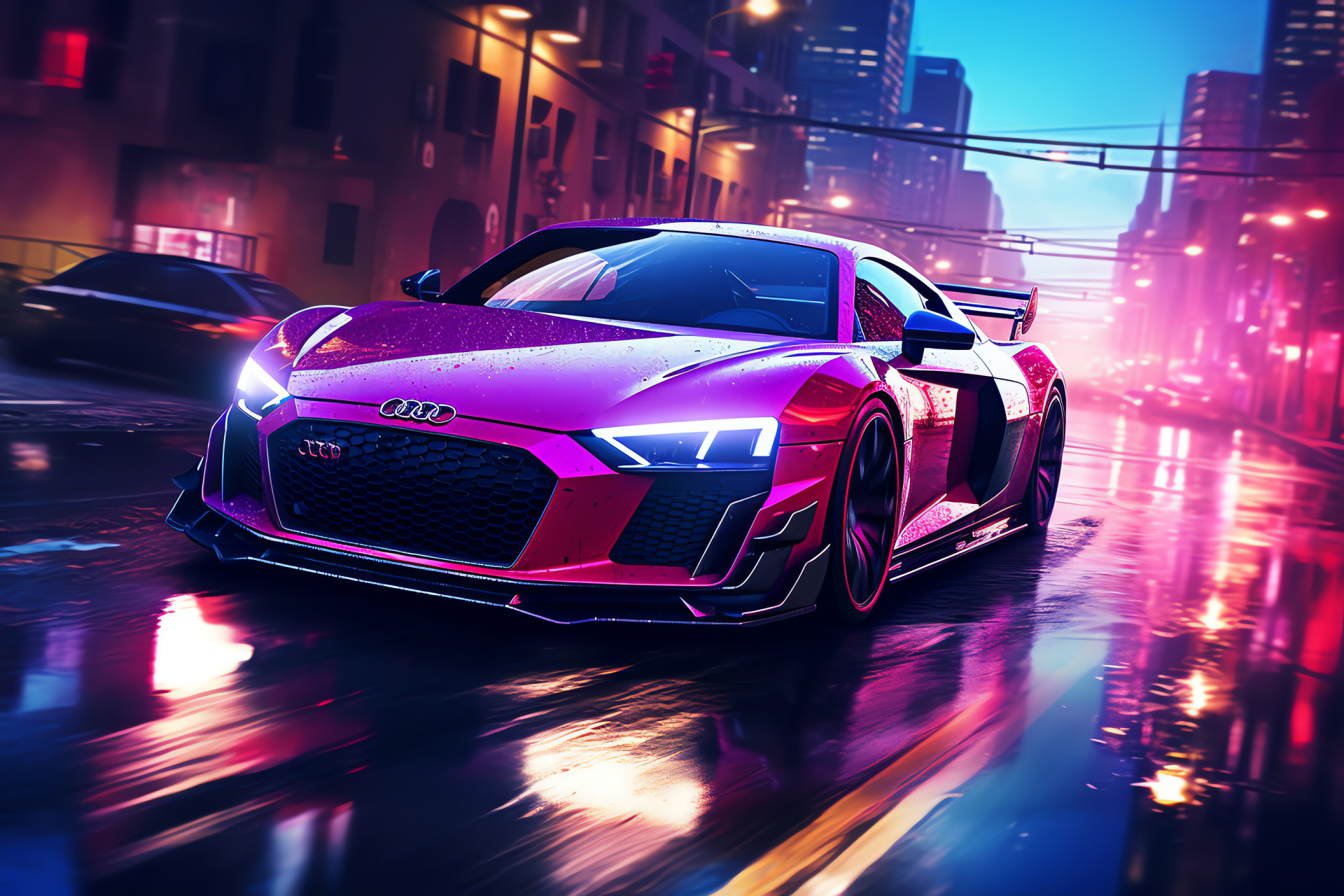 Need For Speed, Fairhaven City setting, Racing game, Audi sports car, Cyberpunk visual theme, HD Desktop Wallpaper