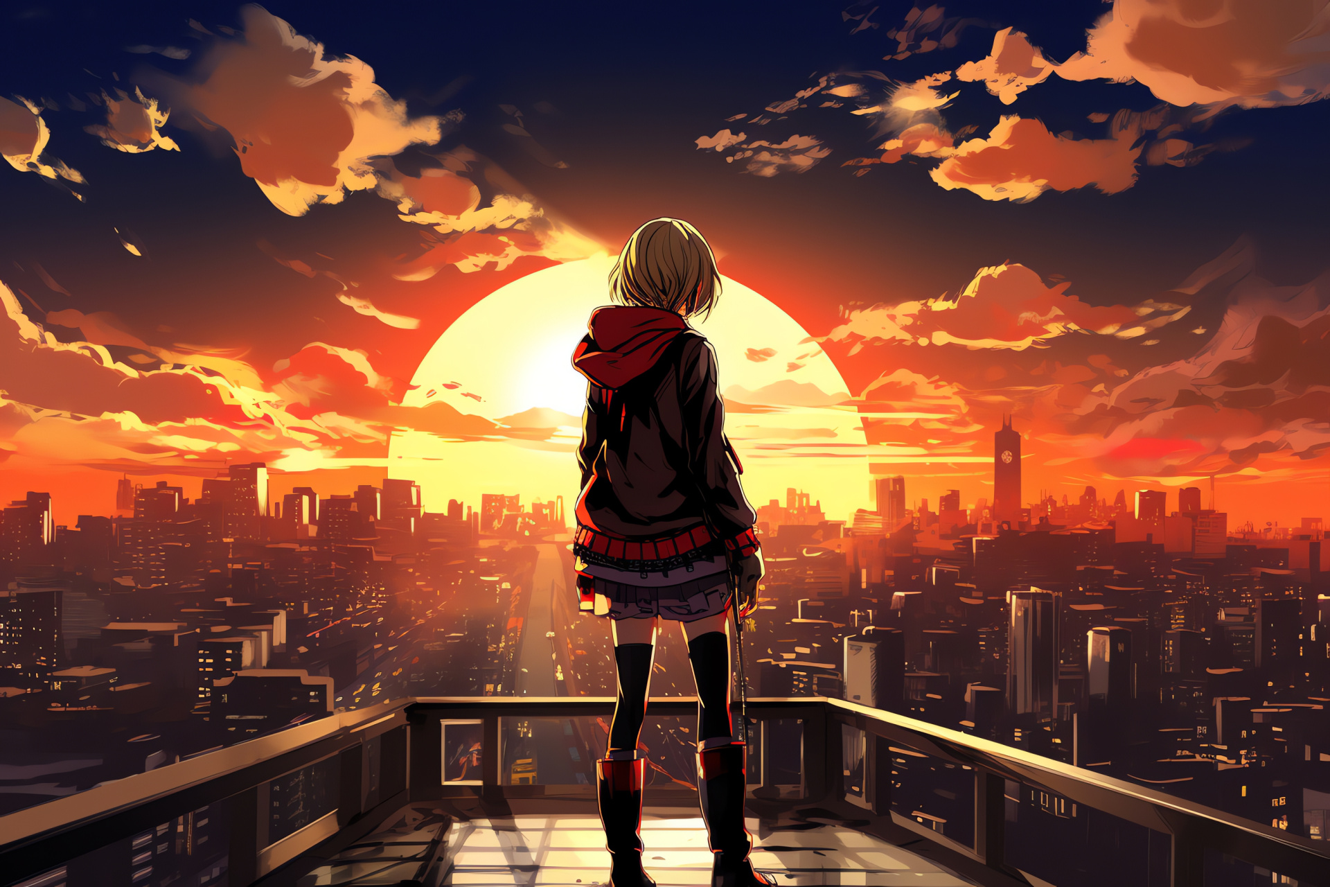 Aigis observation, Dusk citadel view, Urban sprawl, Amber skyline, Eve reflection, HD Desktop Wallpaper