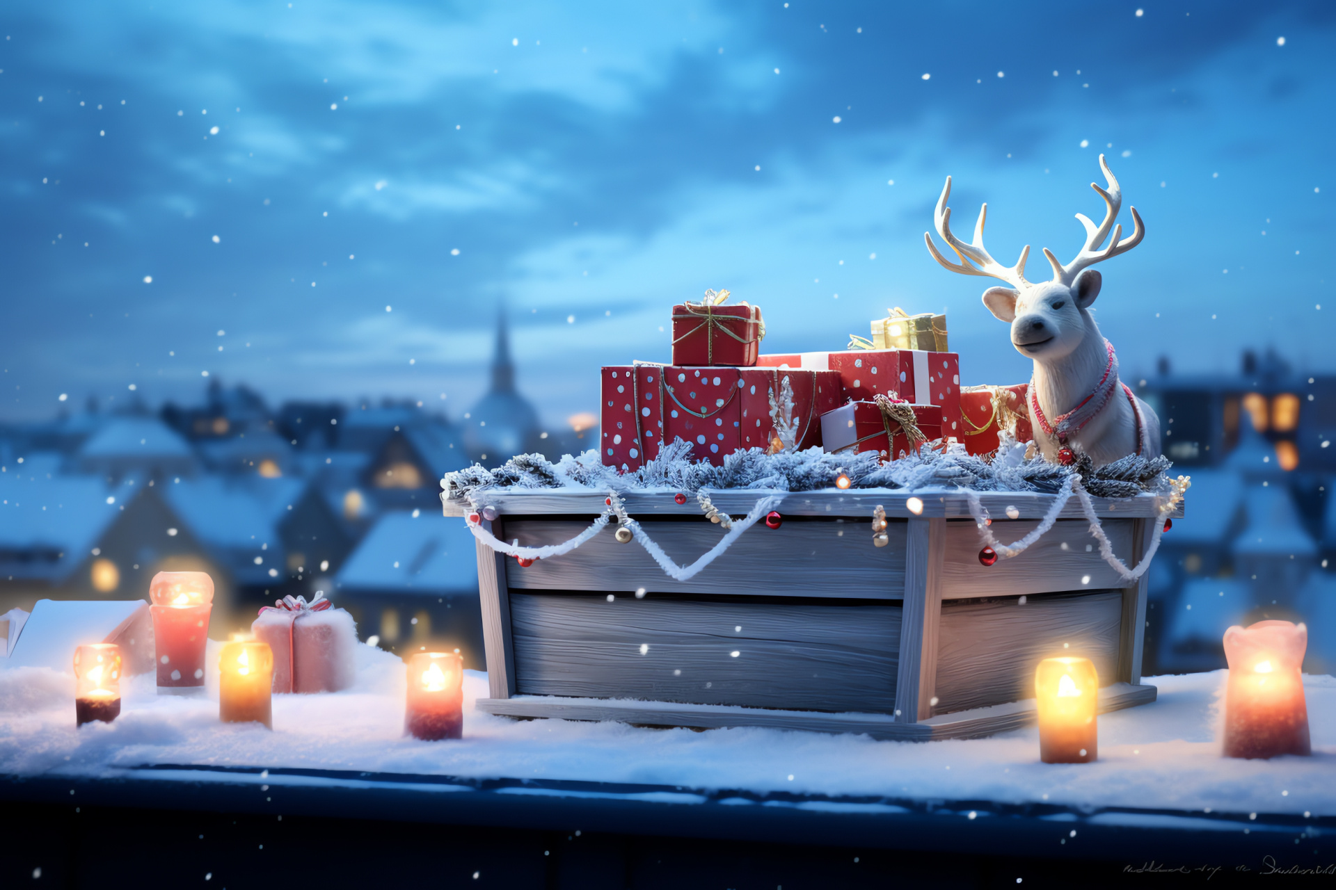 Winter holiday setting, frosty tiles, North Pole sleigh, festive delivery, joyous packages, HD Desktop Image