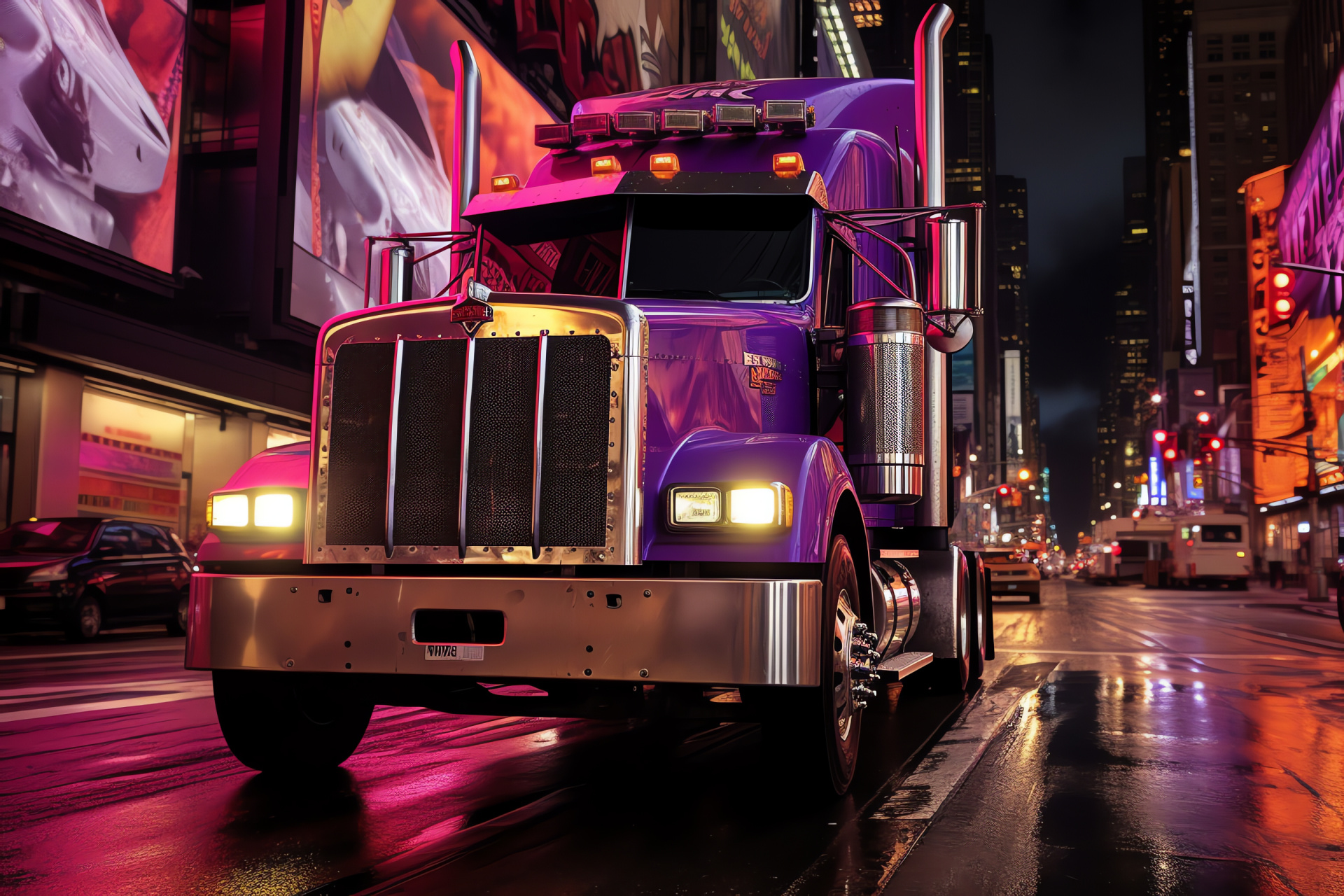 Semi Truck, Times Square, New York City, neon advertisements, crowded urban scene, HD Desktop Image