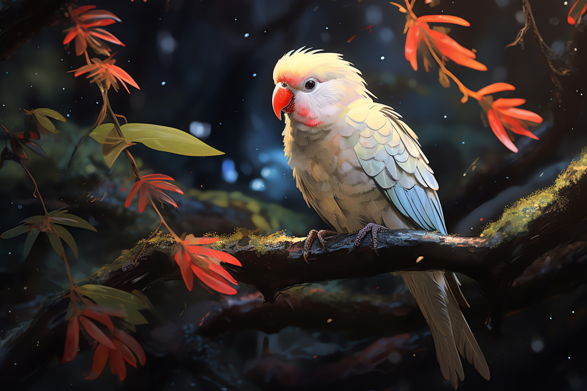 Albino parakeet, unique birds, pale-colored plumage, forest perches, mystical woods, HD Desktop Image