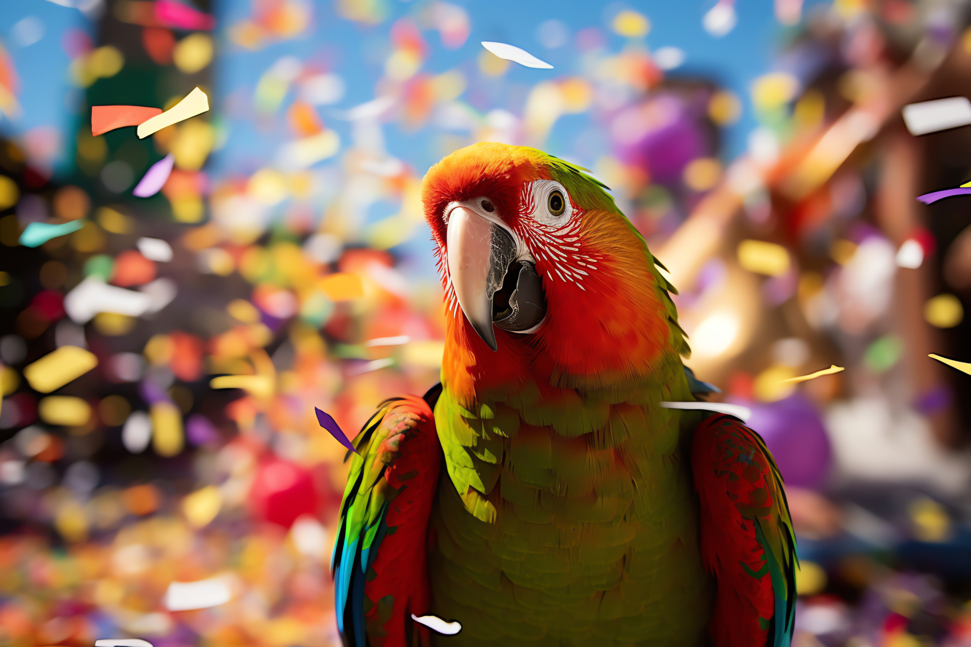 Conure at festivity, carnival vibrancy, avian spectrum, revelry companion, festive atmosphere, HD Desktop Image