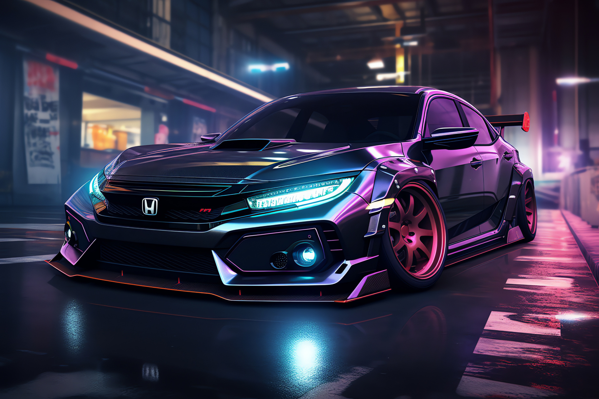 Custom Honda Civic scene, Underground car meet, Street-level tuning, Automotive lifestyle, City parking exploration, HD Desktop Wallpaper