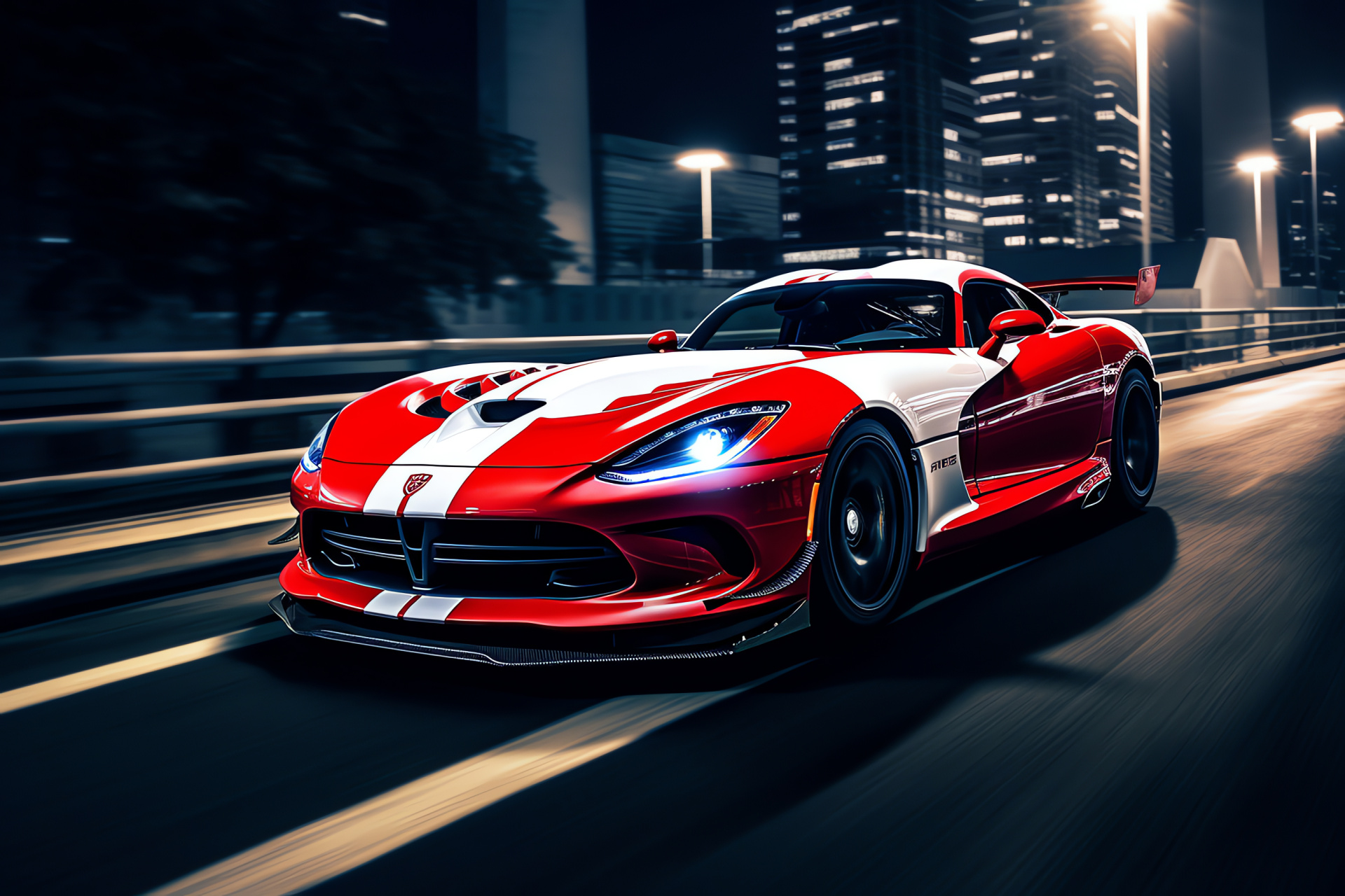 SRT Viper night drive, Urban center setting, GTS-R iconic color scheme, City illumination, Skyscraper-studded horizon, HD Desktop Image