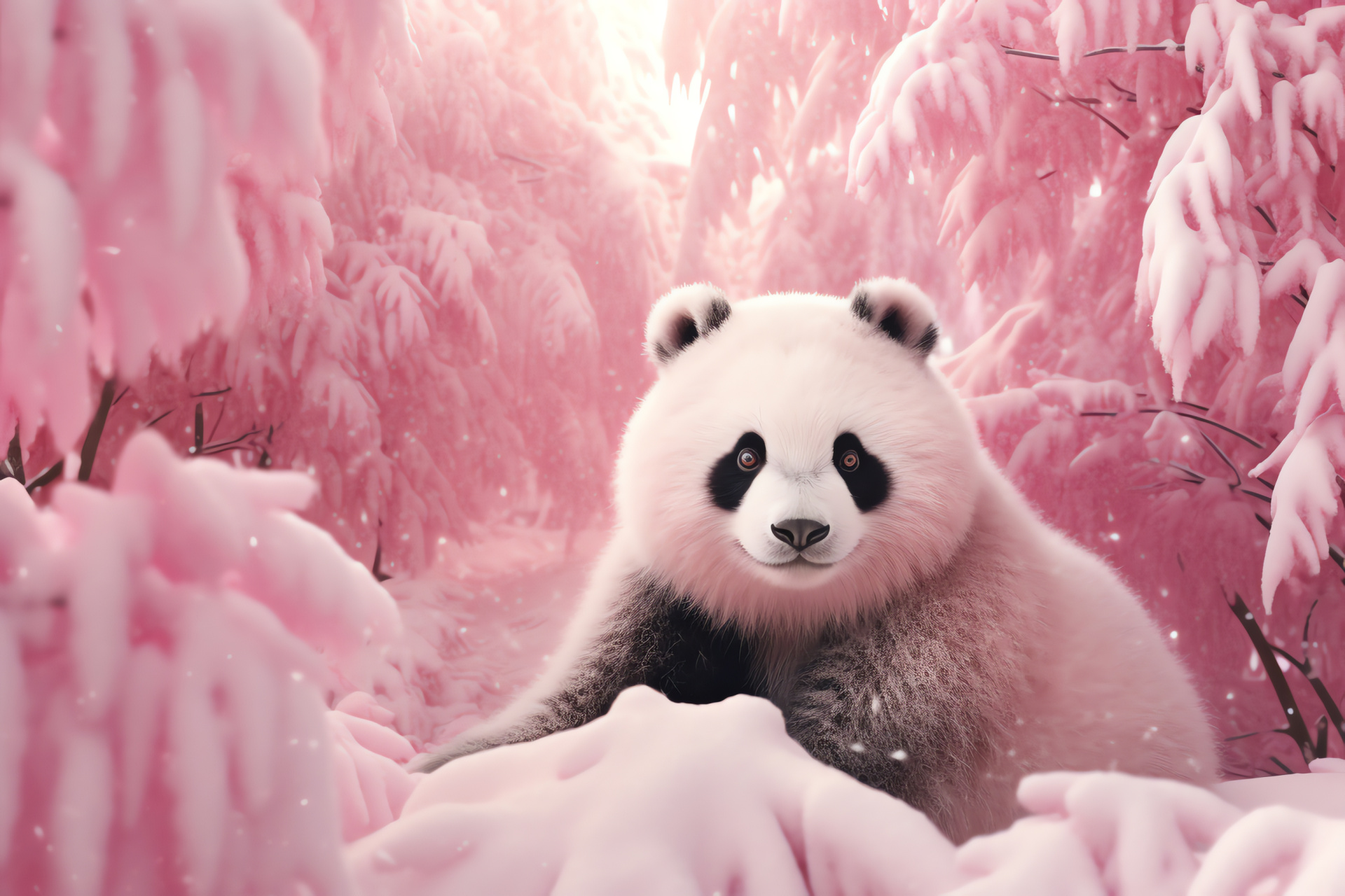 Winter Pink Panda, Snowy habitat, Whitened fur, Fluffy panda texture, Cold season scenery, HD Desktop Image