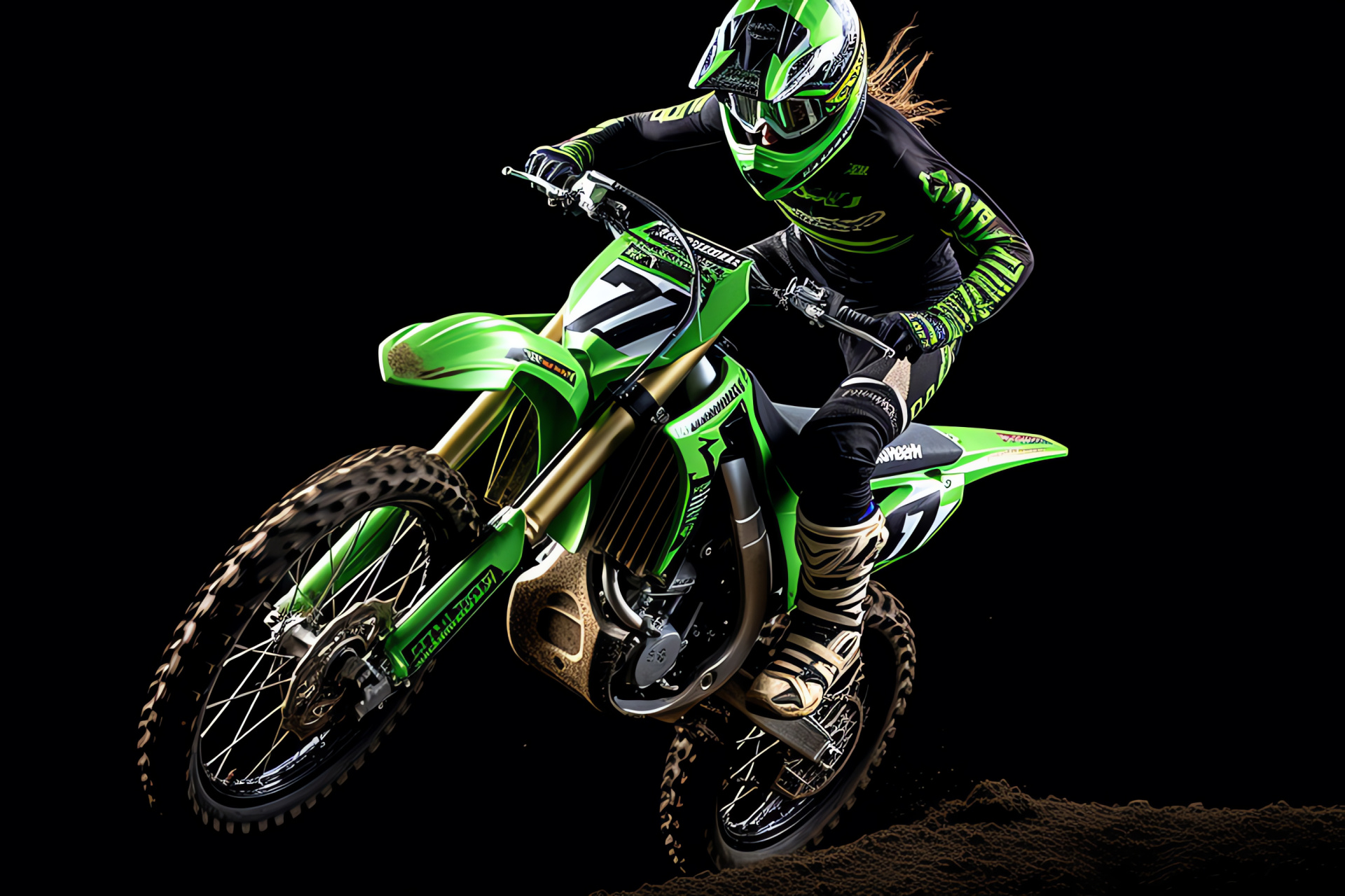 Motocross sport, Vibrant motorbike, Racing costume, Youthful energy, Green distinctive decals, HD Desktop Wallpaper