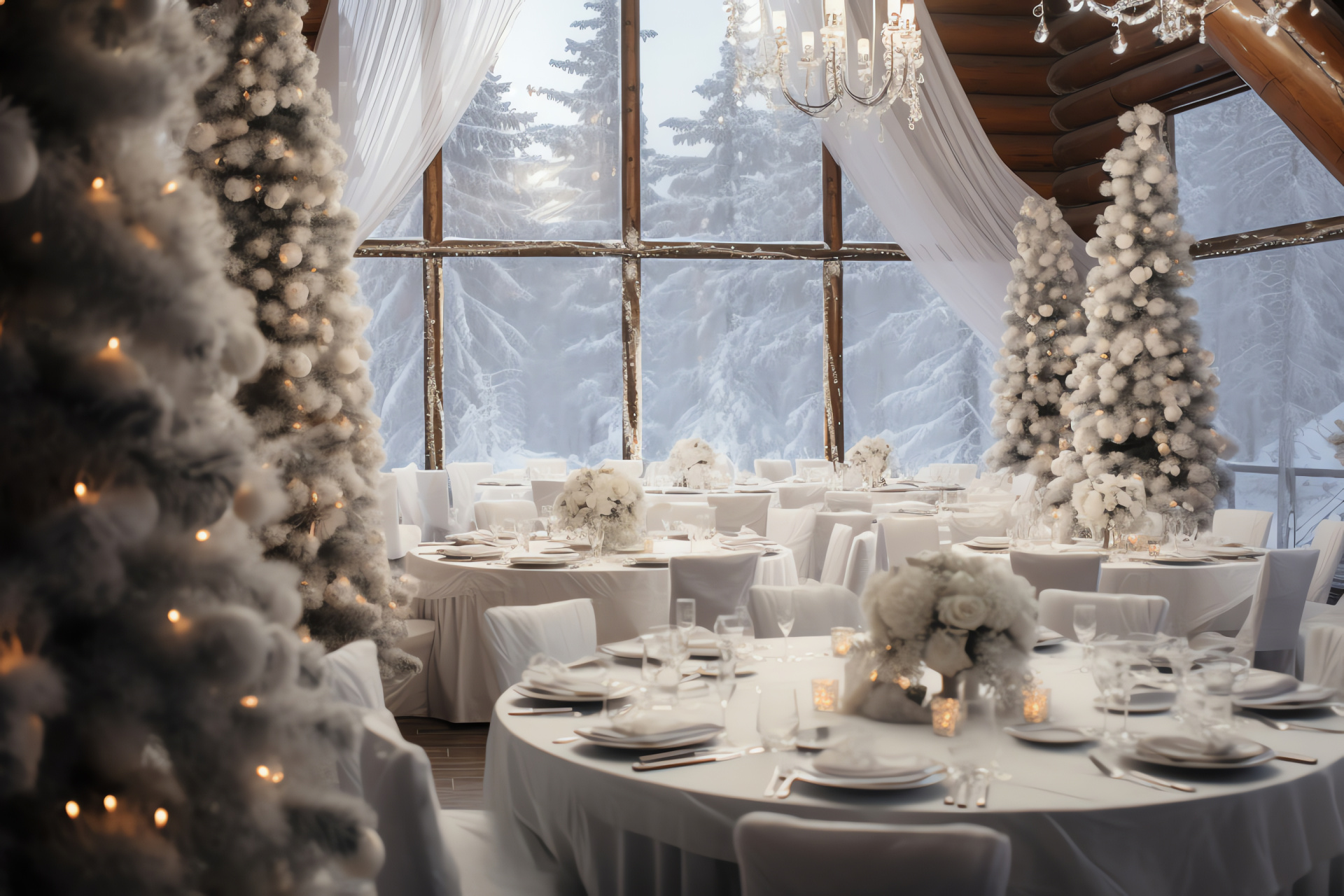 Enchanted winter nuptials, ceremonial reception, rustic log abode, magical fairy lights, pristine snow-laden conifers, HD Desktop Image