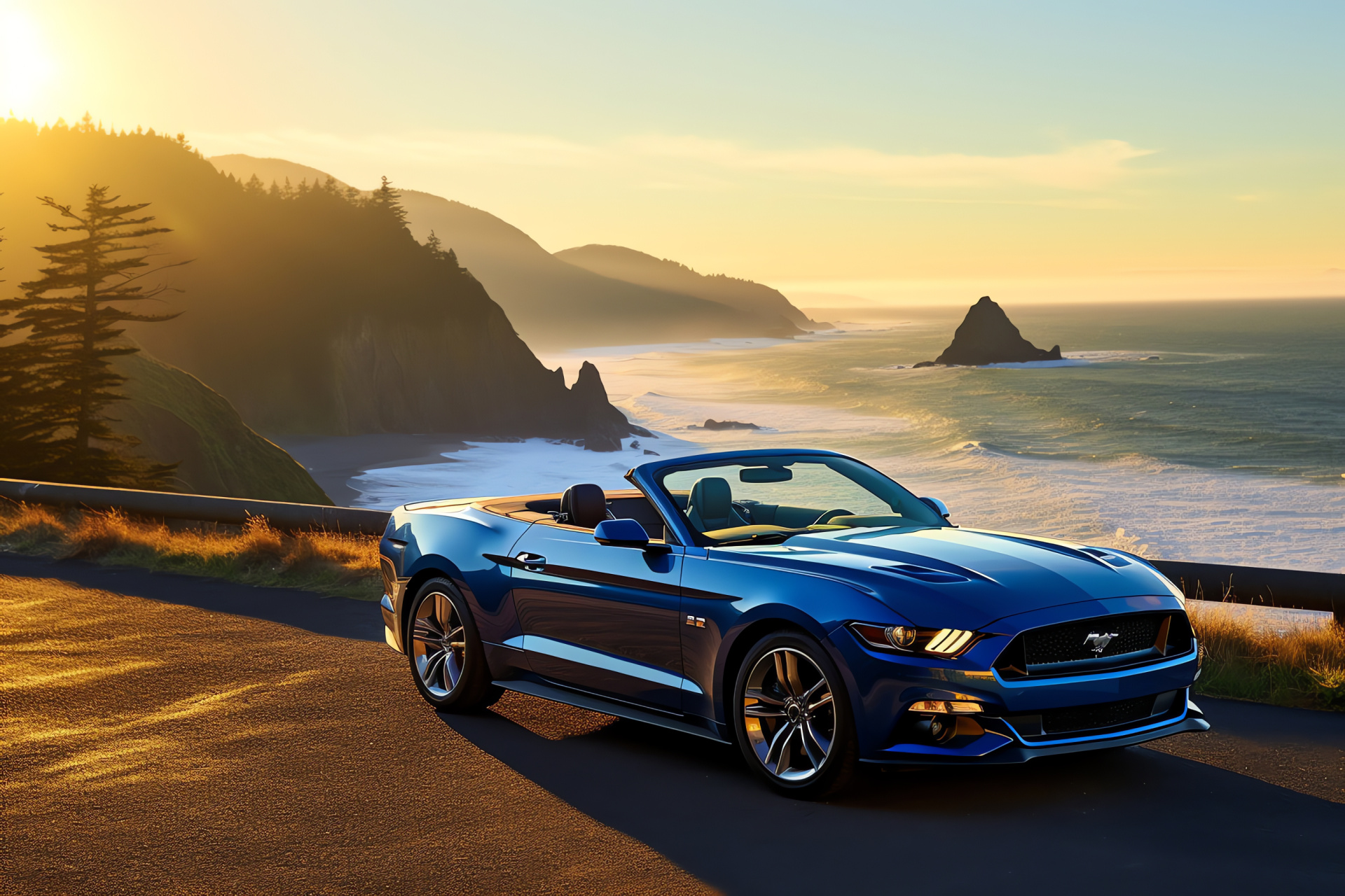 Convertible Mustang GT350, Coastal Route, Sea Breeze, Sporty Open-Top, Ocean Waves, HD Desktop Image