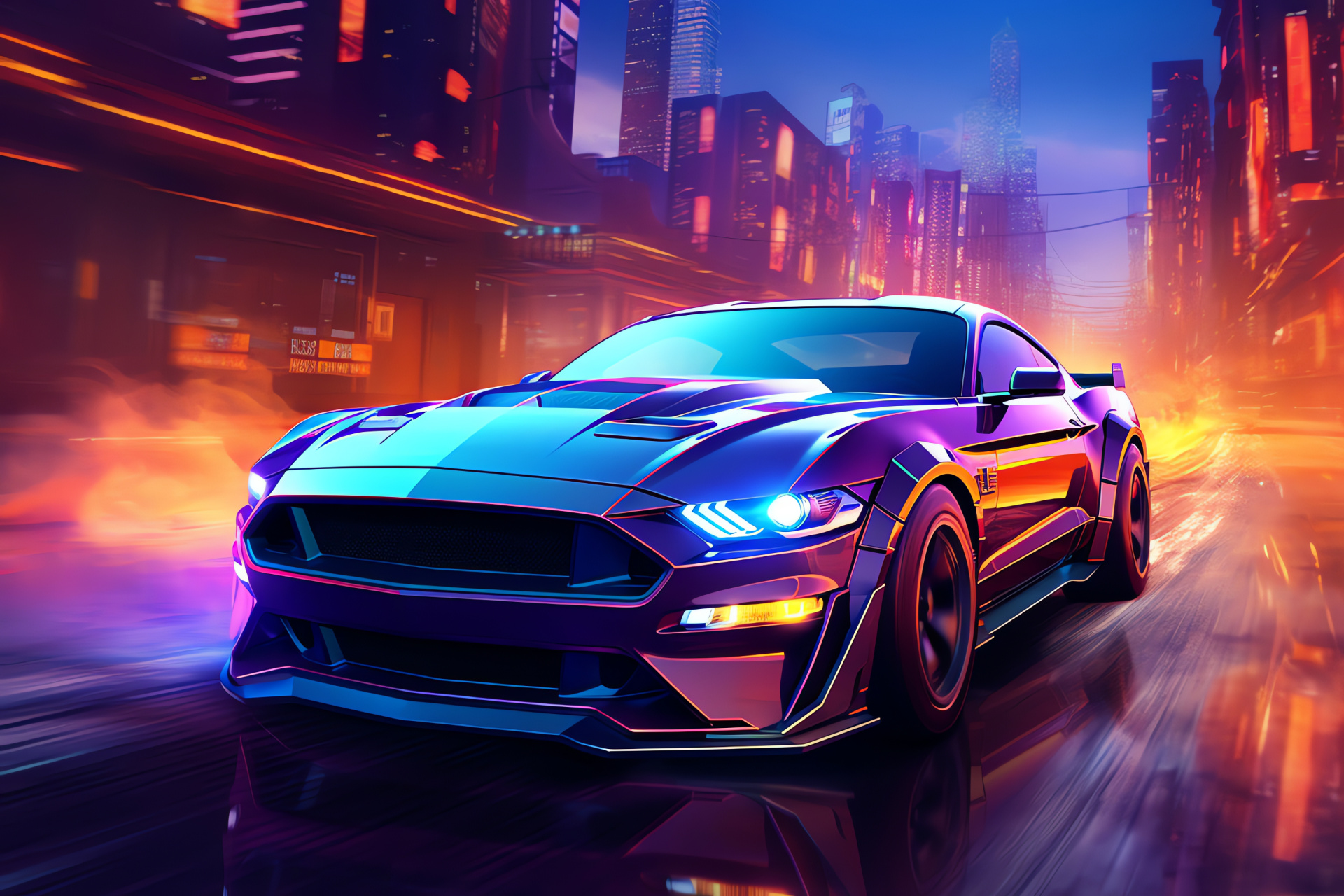 HD Mustang close-up, Future city tapestry, Neon street Mustang, Cyber art feature, Digital world exploration, HD Desktop Wallpaper