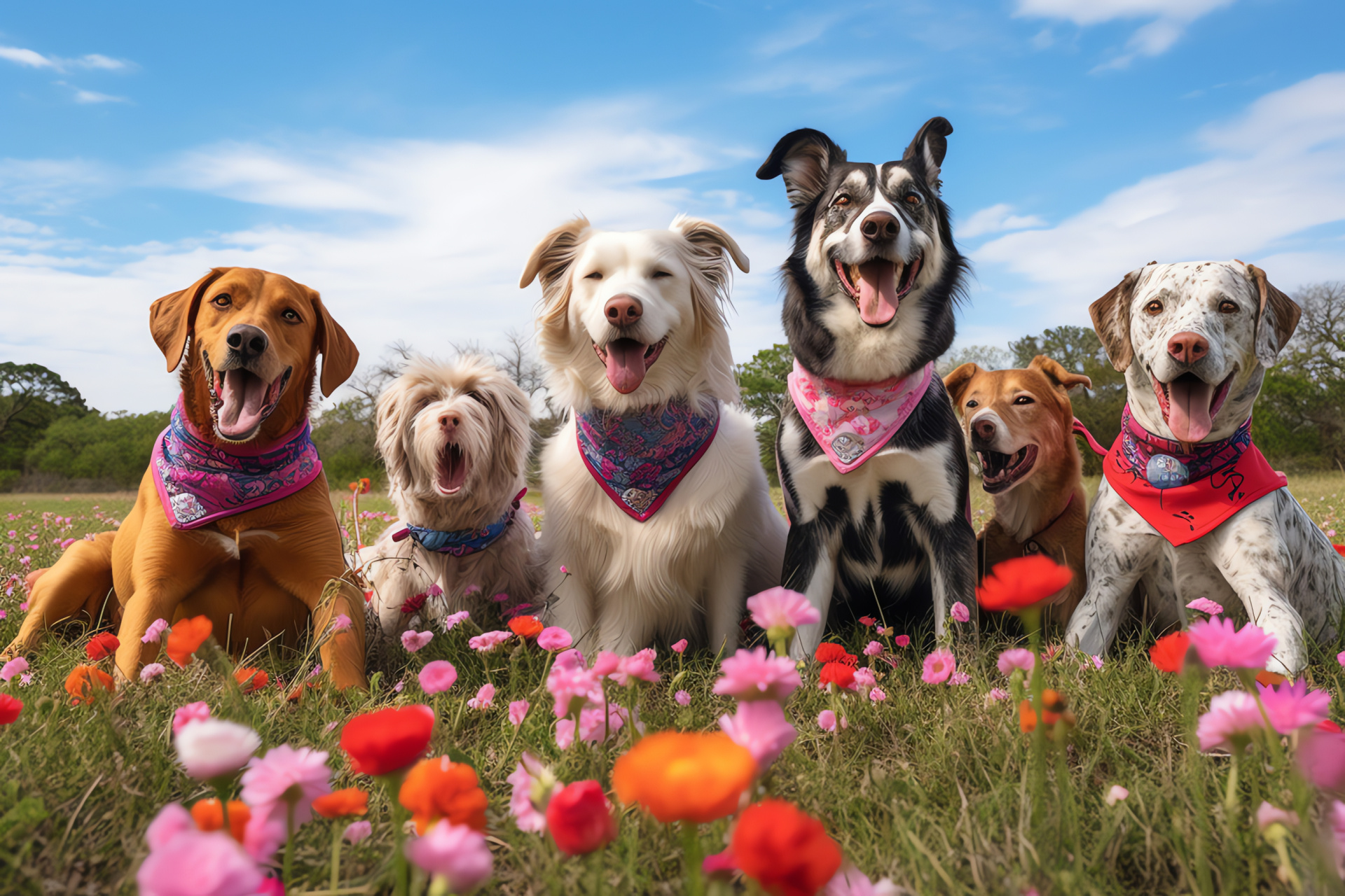 Puppy love celebration, assorted dog types, Valentine bandanas, open meadow, multihued flora, HD Desktop Image