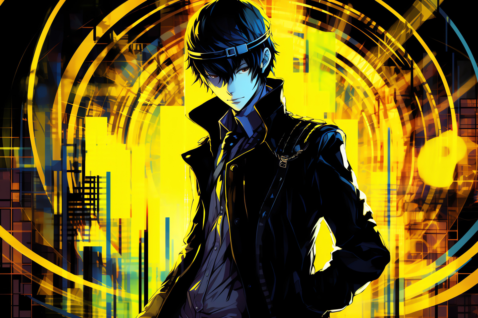 Persona 4 presentation, Naoto Shirogane focus, Intense scrutiny, Silvery strands, Gumshoe attire, HD Desktop Image