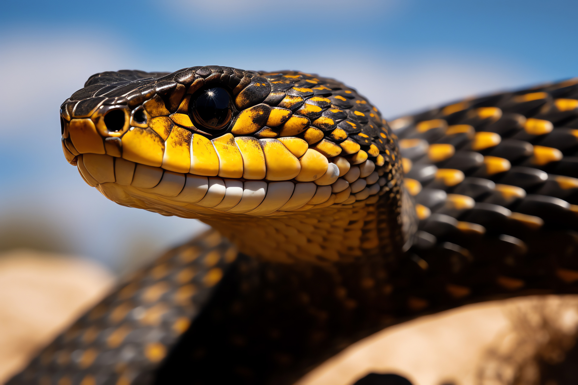 King cobra, venomous elegance, banded pattern, expanded hood, desert setting, HD Desktop Image