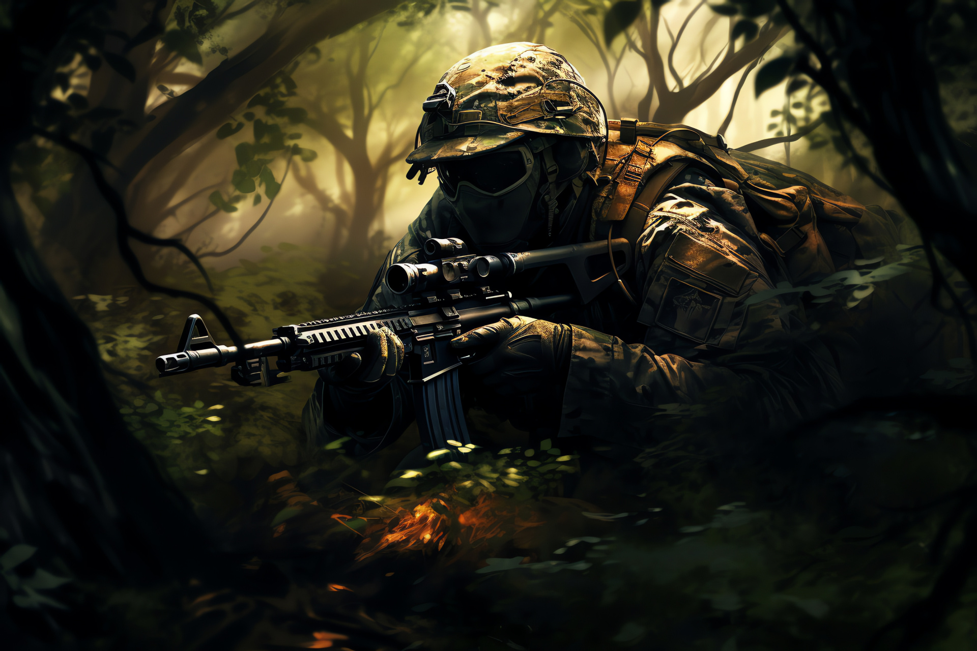 Stealth marksman in greenery, camouflaged shooter attire, sniper precision aim, forested concealment, solitary hunter, HD Desktop Image