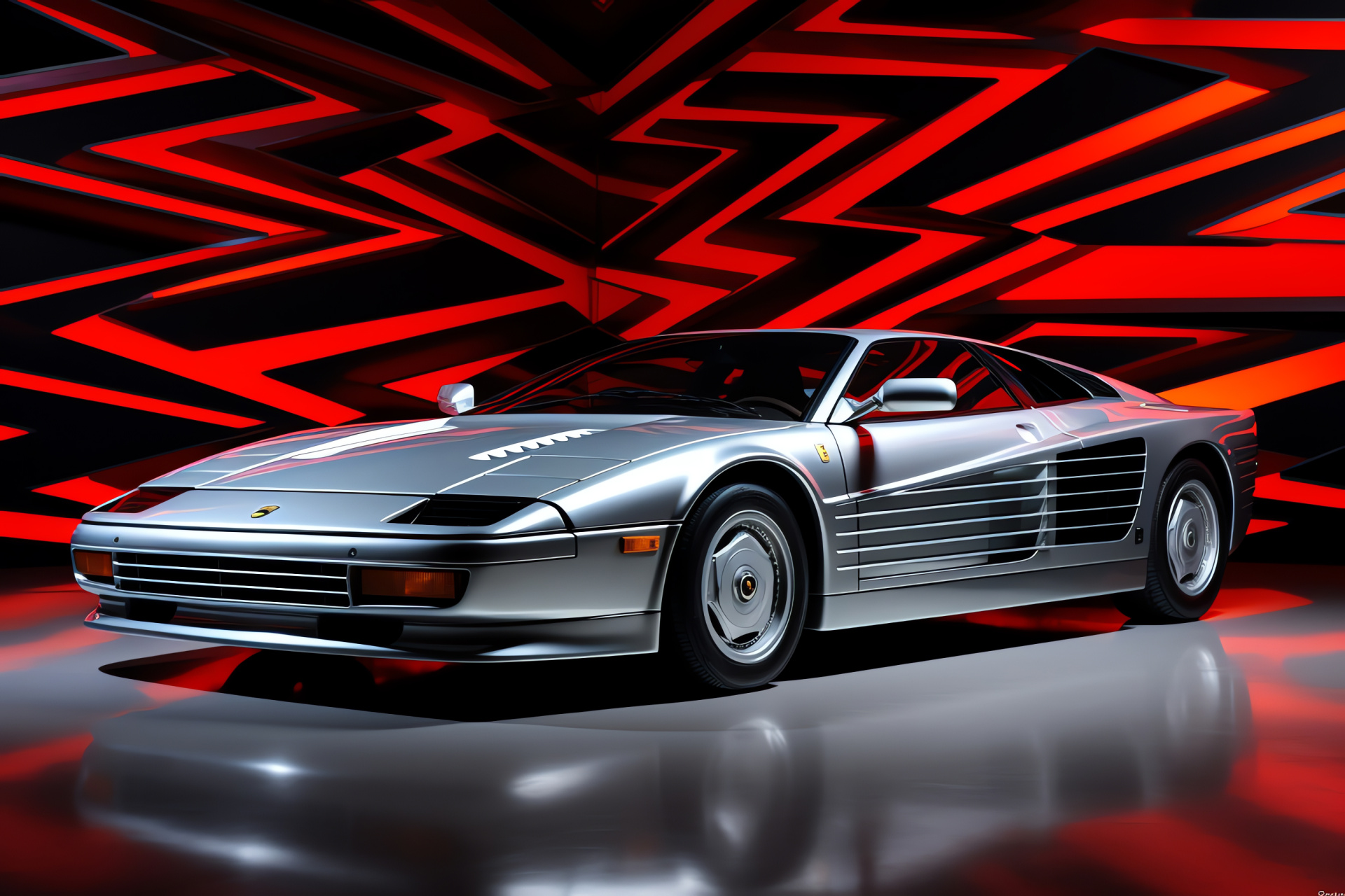 Ferrari Testarossa 1989, Extended frame, Silver, black and red palette, Engaging scene, Triple-tone contrast, HD Desktop Image