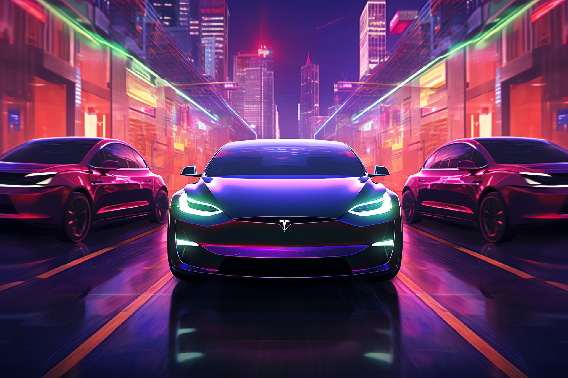 Model Y electric utility vehicle, Avant-garde metropolis, Methodical scene, Public charging port, HD Desktop Image