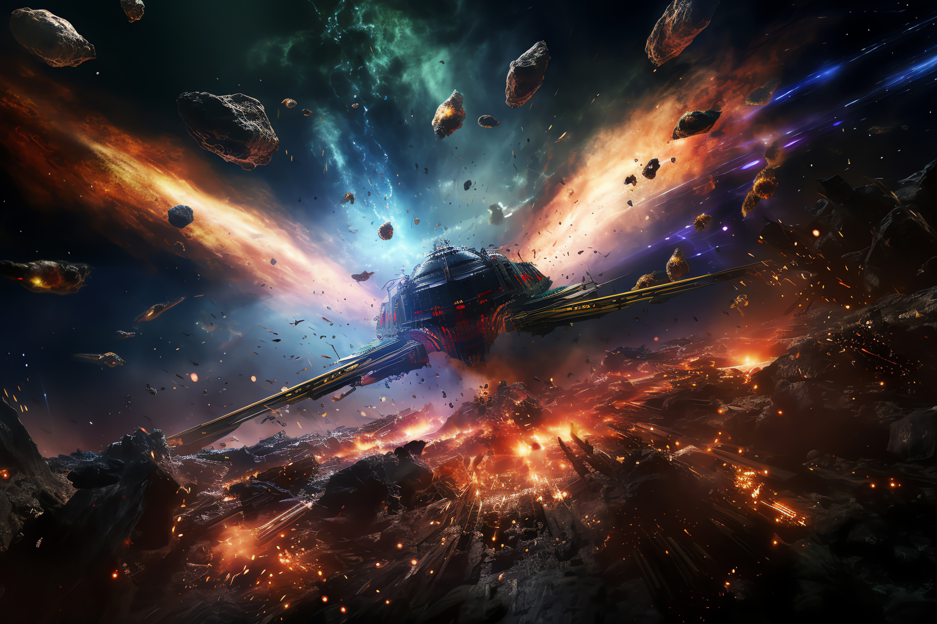 Space conflict, Universal turmoil, Nebular spectrum, Galactic struggle, Infinite cosmic backdrop, HD Desktop Image