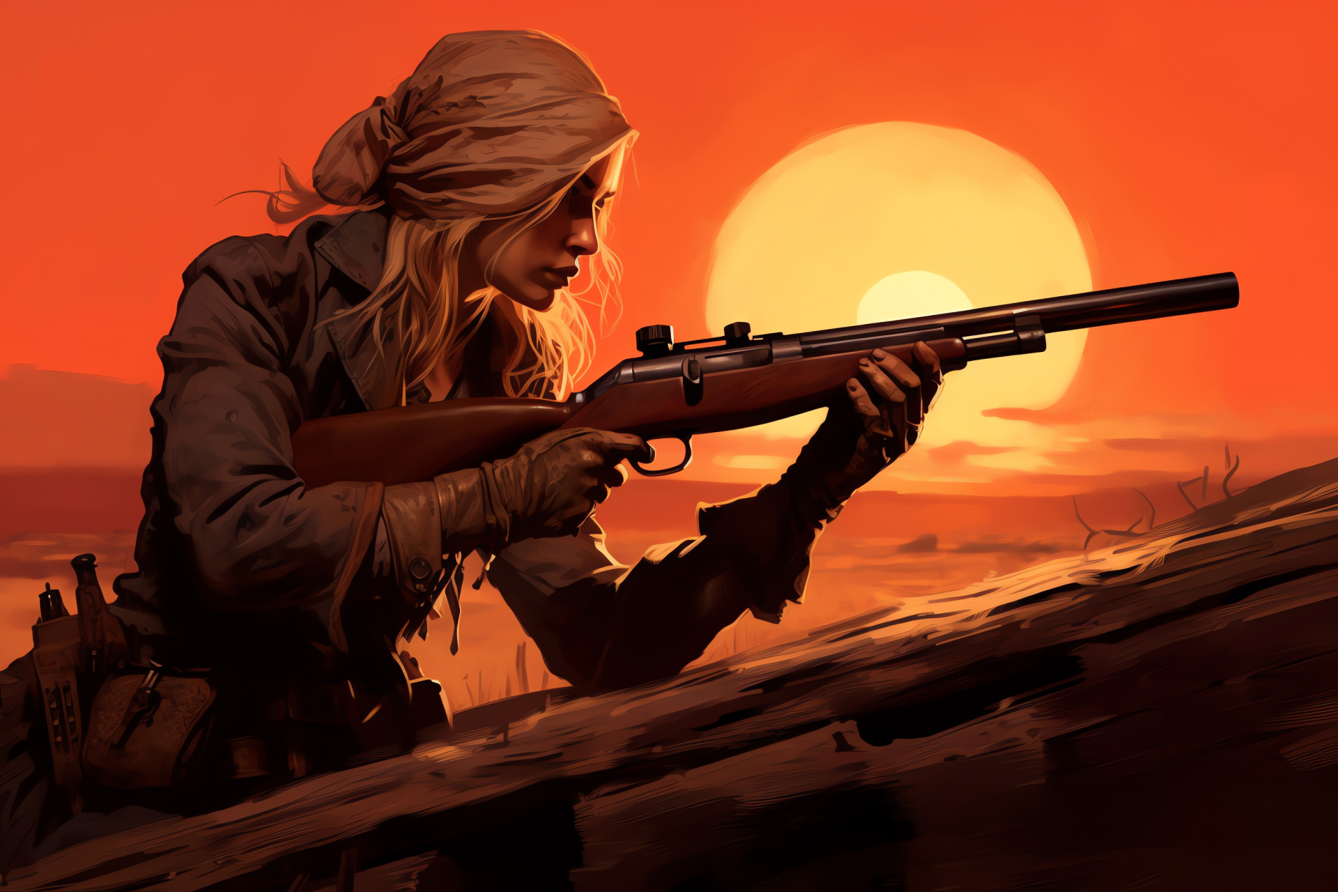 Sadie Adler huntress, Outlaw woman, Frontier justice, Wooden barrier, Classic shotgun, HD Desktop Image