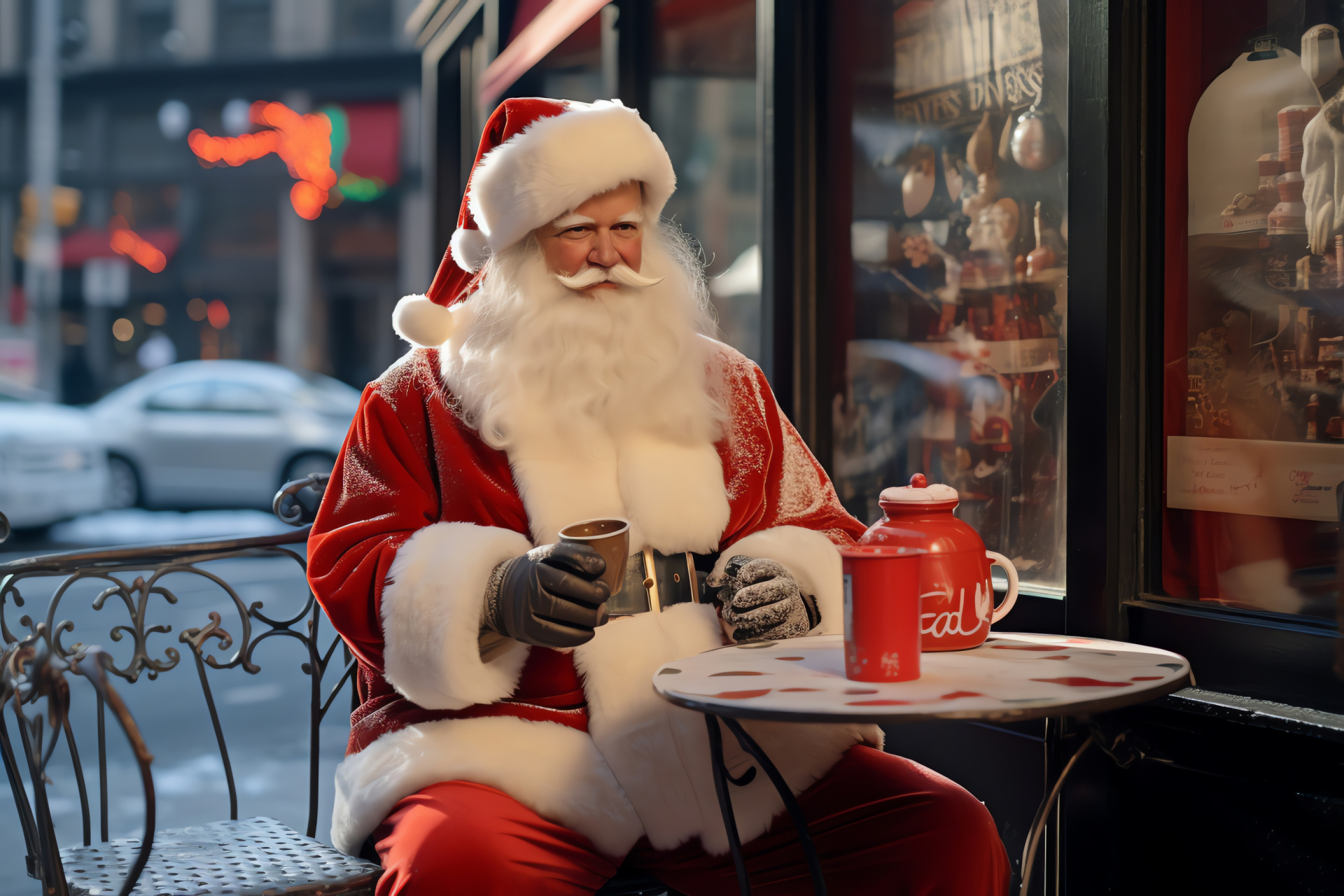 Santa Claus metropolis, New York City holiday, Warm chocolate drink, City cafe rendezvous, Holly-decked space, HD Desktop Wallpaper