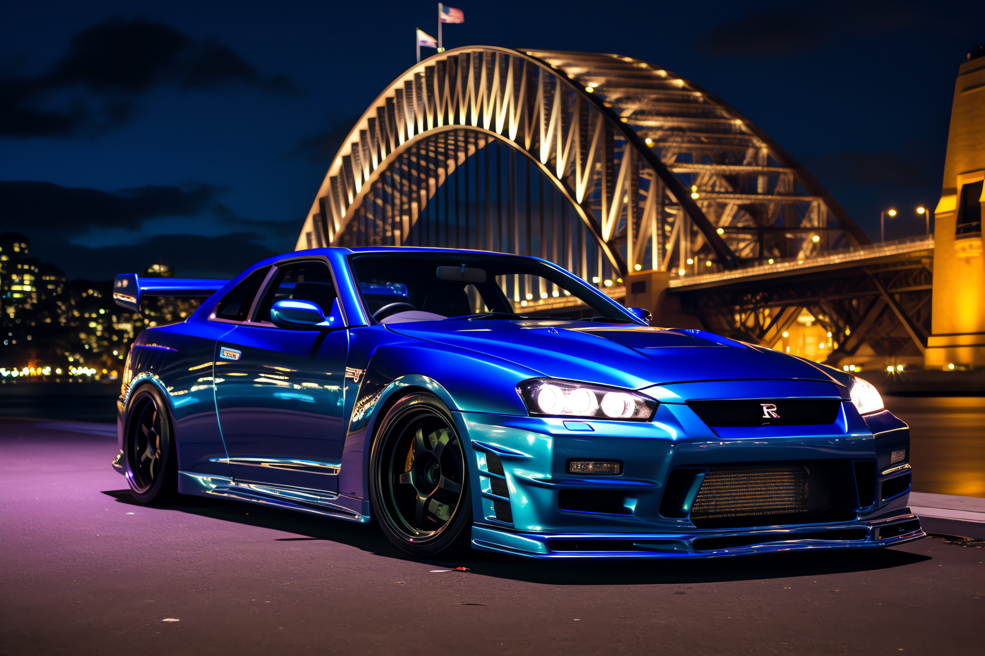 Nissan Skyline GTR R33 GT-R V-Spec II, Sydney Harbour, Vibrant coatings, Opera House backdrop, Down Under tour, HD Desktop Wallpaper