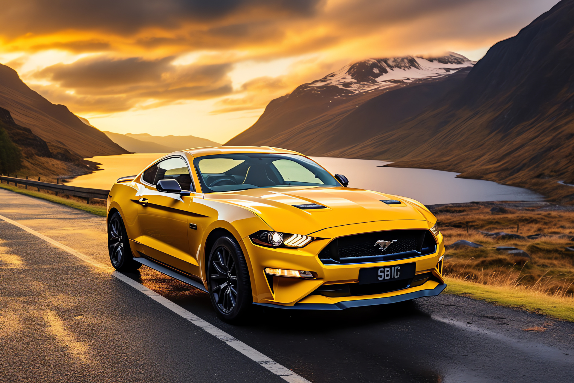 Ford Mustang, Scottish Highlands, Serpentine roads, Mountainous terrain, Tranquil water bodies, HD Desktop Wallpaper