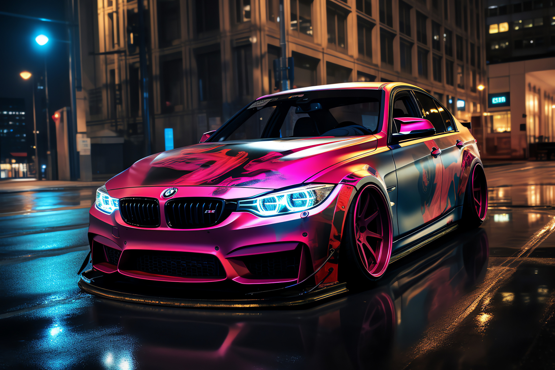 BMW 3 Series stance, Urbanized modification, Distinct livery, Metropolis reflections, Vivid night illumination, HD Desktop Image