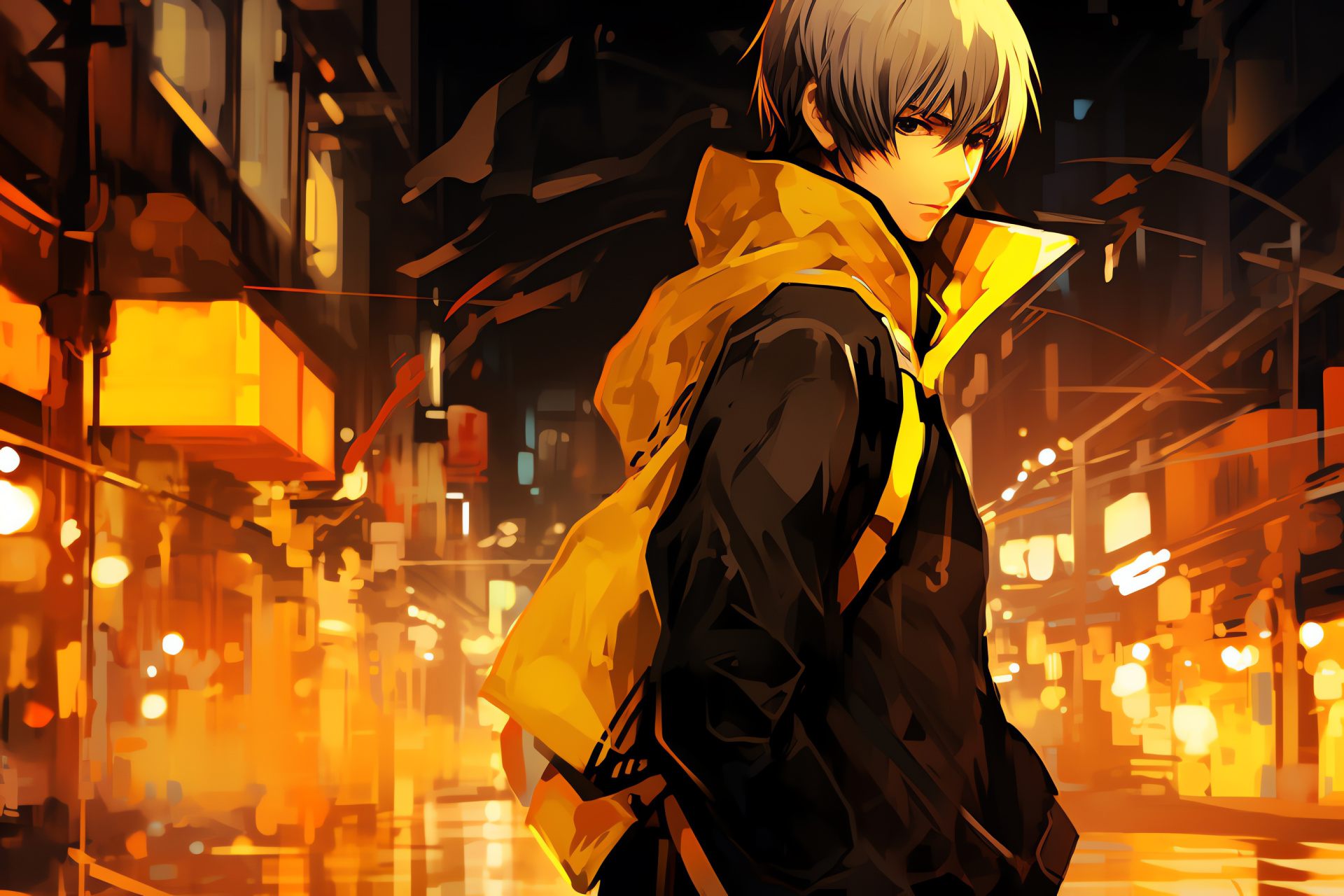 Golden Vita protagonist, Misty streets of Inaba, Evening ambiance, JRPG mystery, Lamp-lit paths, HD Desktop Image