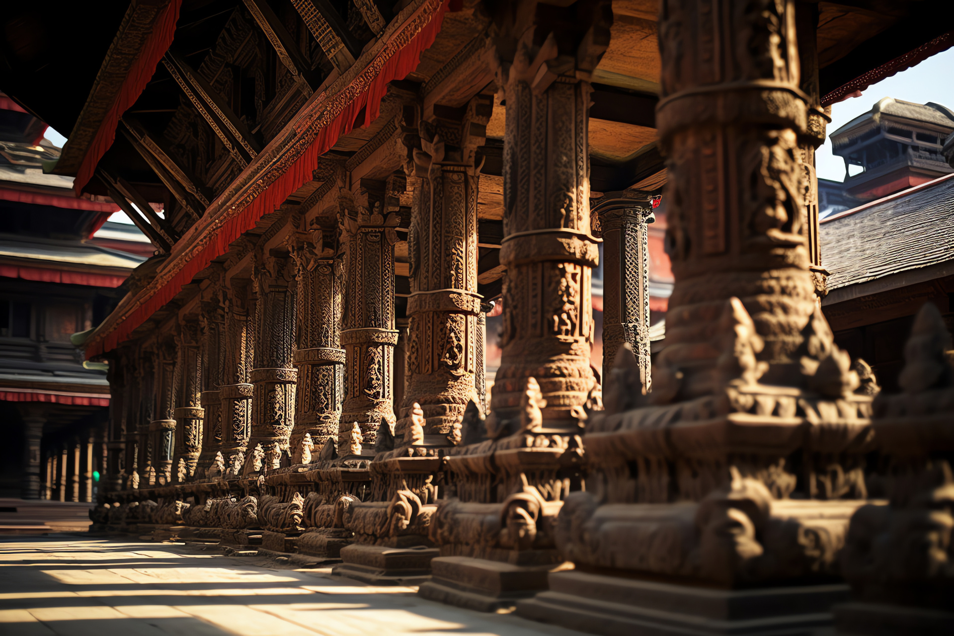 Patan's historic center, Durbar Square heritage, traditional Nepalese wood art, regal palace architecture, vibrant cultural symbols, HD Desktop Image