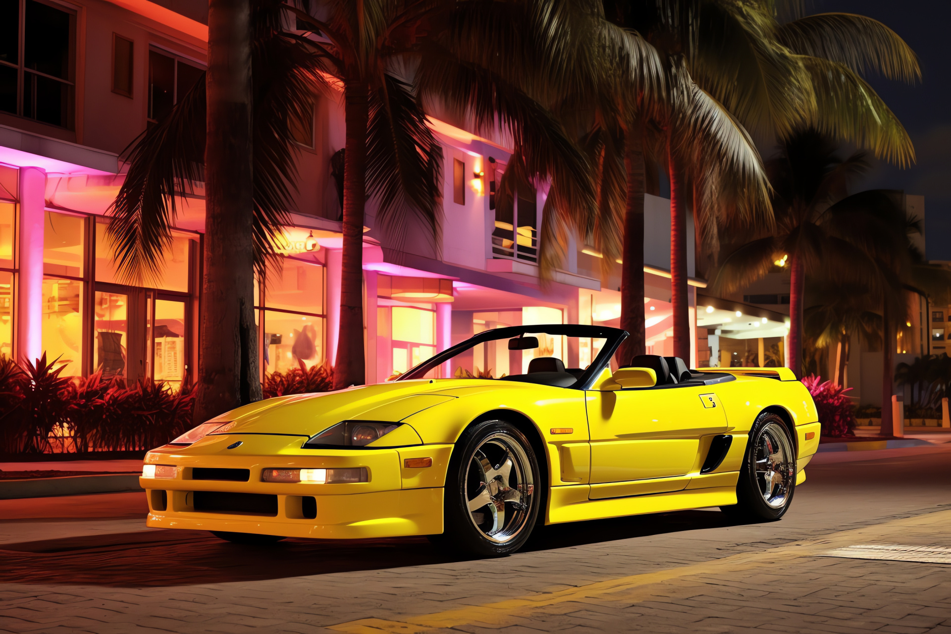 Nissan 300ZX convertible style, Miami vibes, Sunshine yellow, Legendary Ocean Drive, Neon urban ambiance, HD Desktop Image