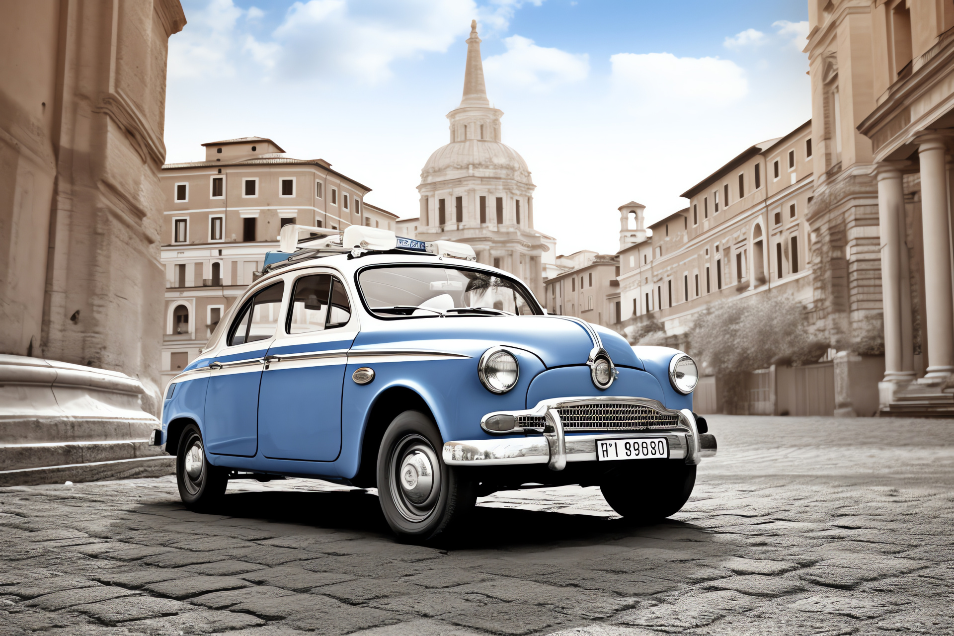 Police car Rome duty, Italian law enforcement, White and blue, Historical backdrop, City protection, HD Desktop Wallpaper